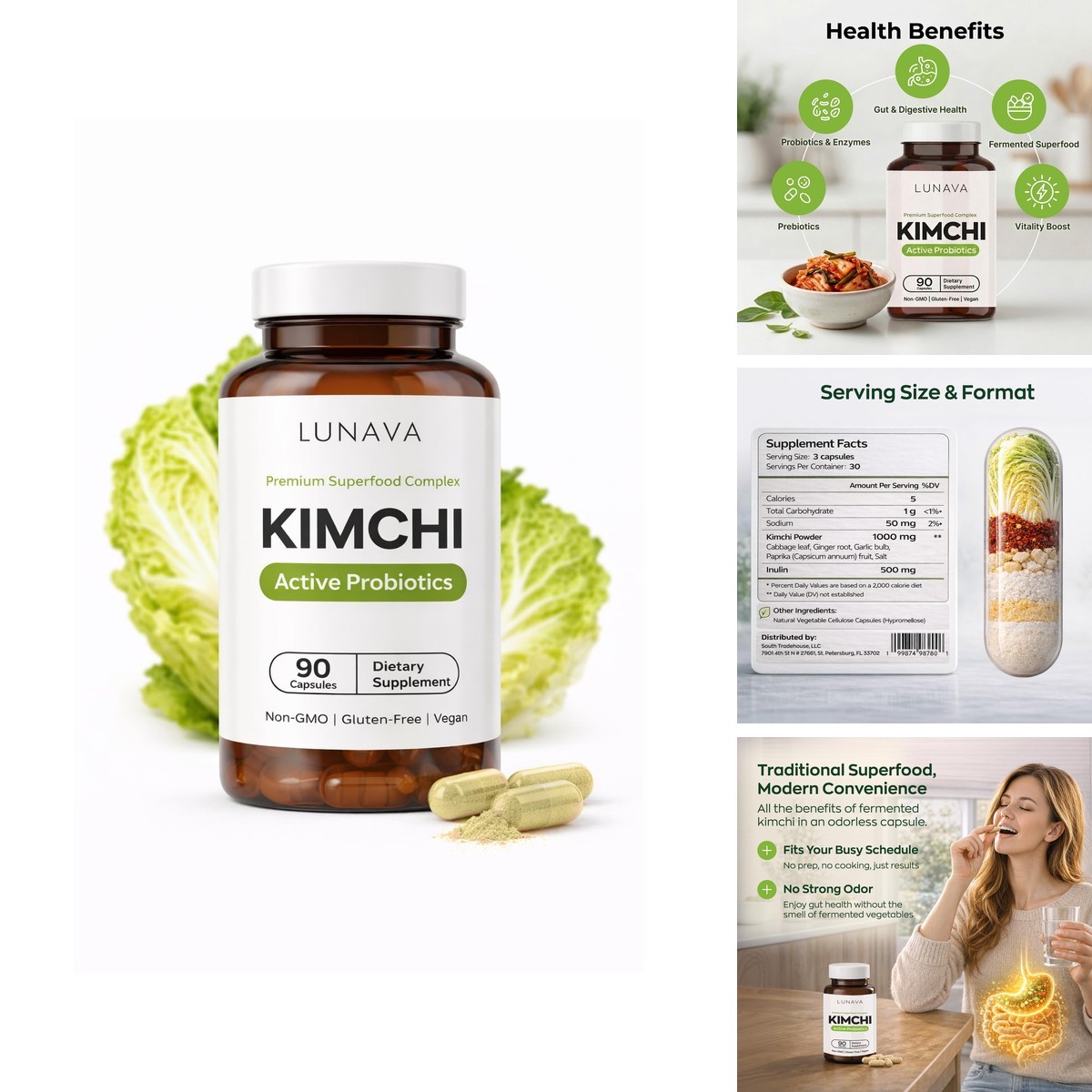 LUNAVA Kimchi Capsules with Prebiotics & Probiotics, Fermented Superfood, 90 LUNAVA Kimchi Capsules with Prebiotics & Probiotics, Fermented Superfood, 90
