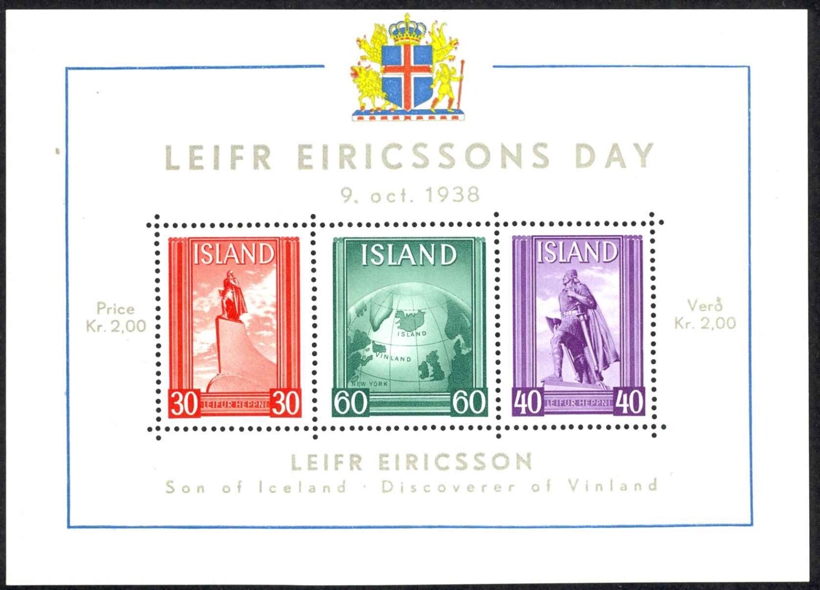 [OOS] Iceland #MiBl2 MNH S/S 1938 Leif Eriksson Viking Map Globe Statue [B6 YTBF