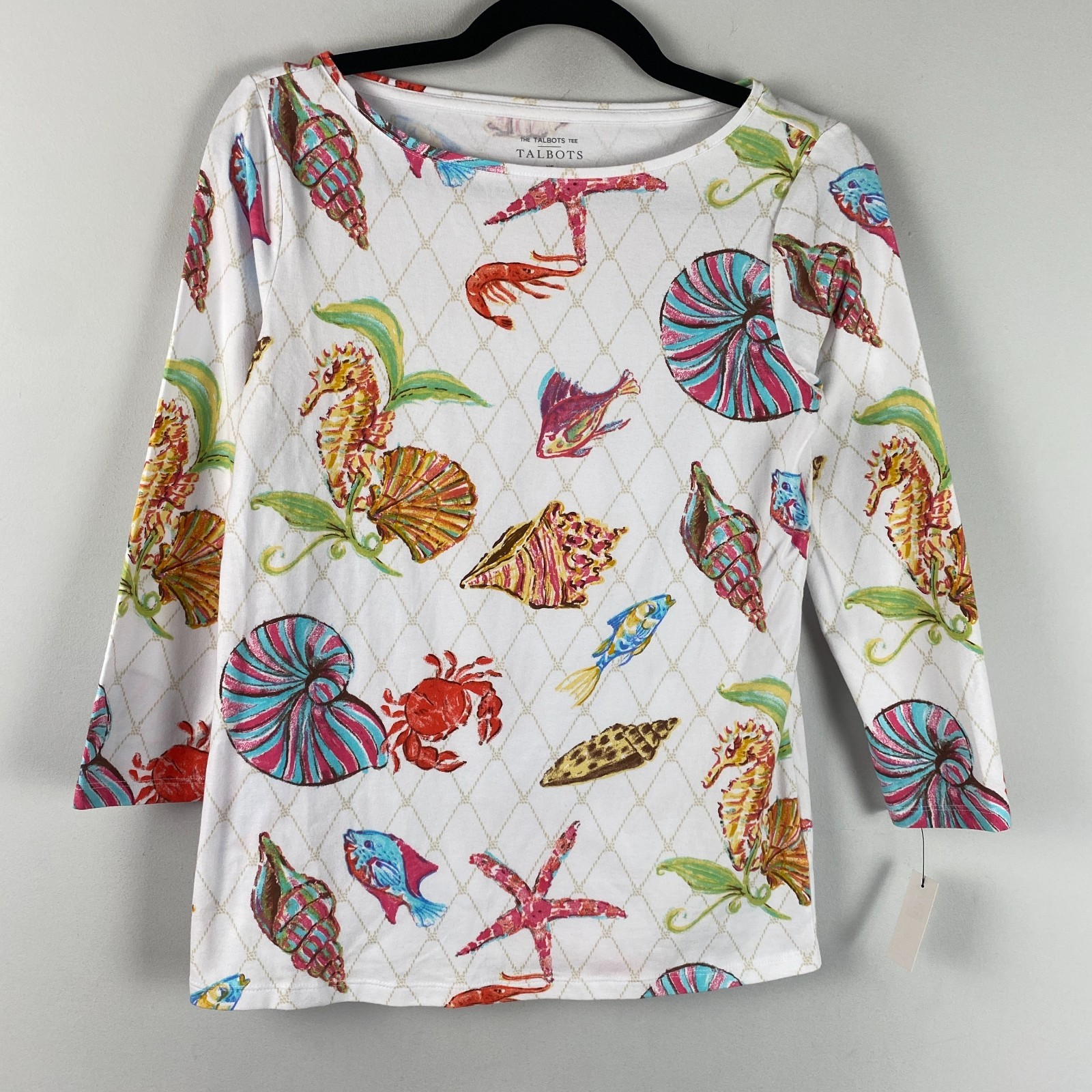 Talbots Bateau Neck Tee T Shirt Size XS Underwater World Seahorse Fish Shells