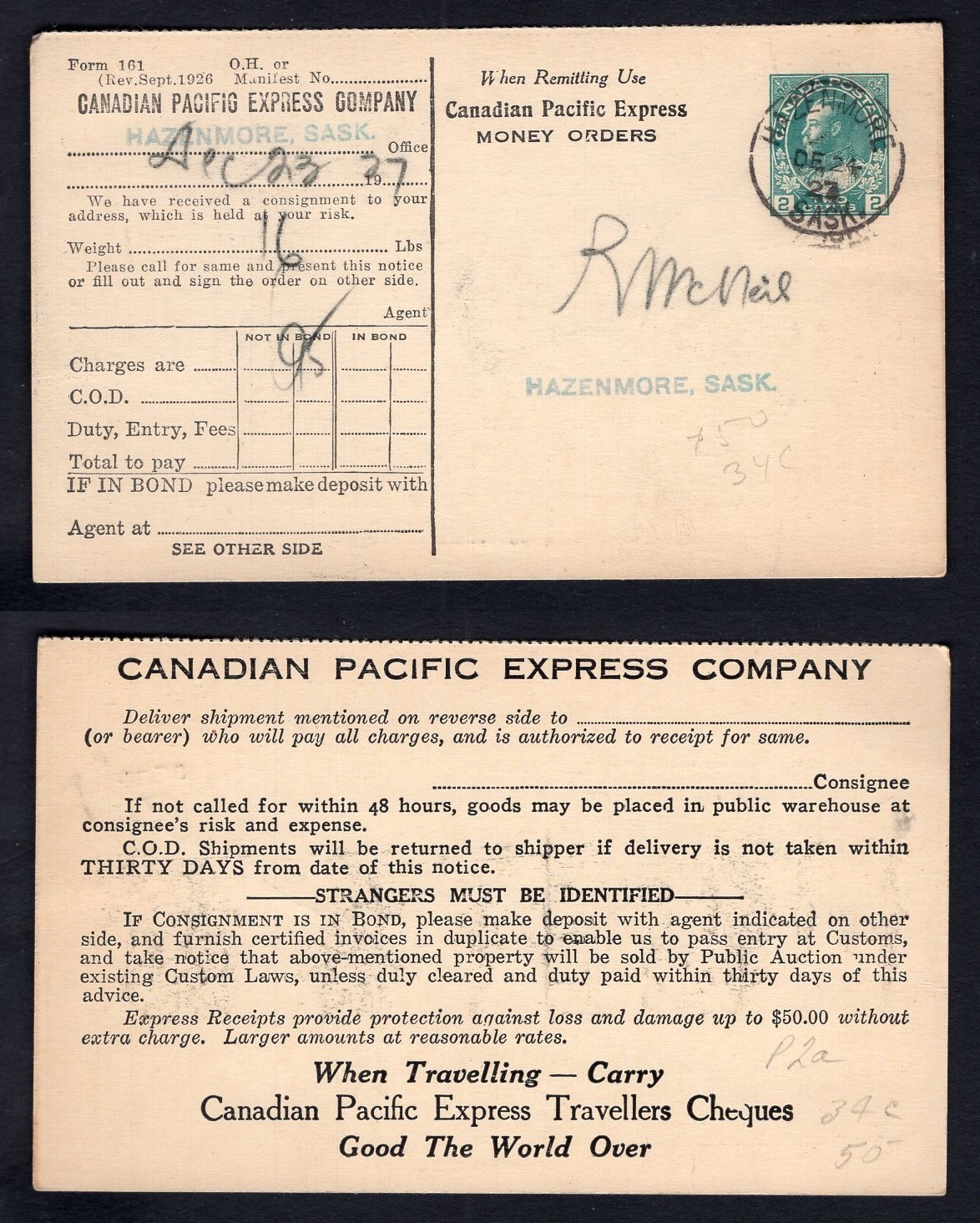 CANADA Hazenmore Sask 1927 Private Order Postal Card CP Express, #P75a (Die III)