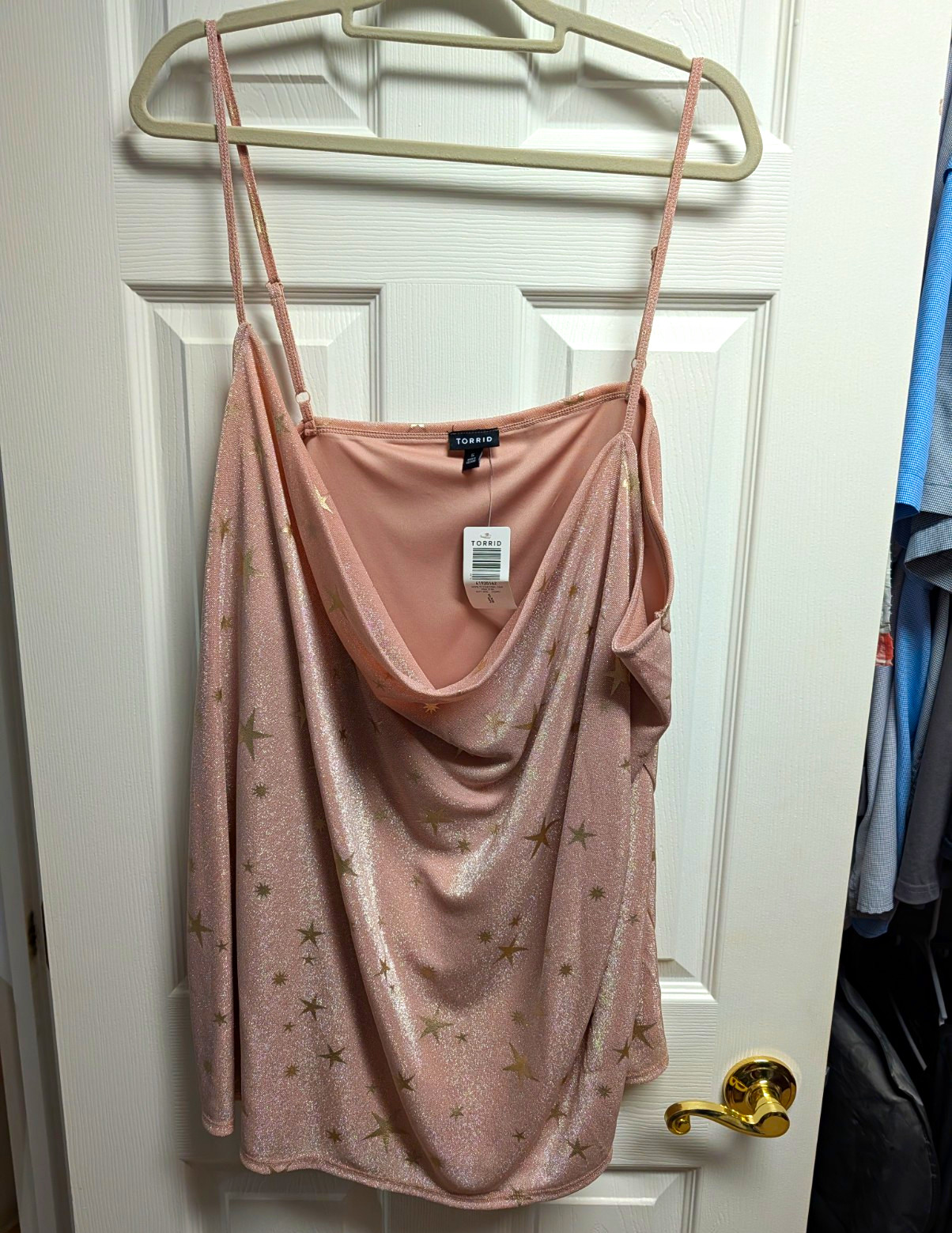 Torrid 5X Plus Pink/Gold Metallic Star Cowl Neck Cami Tank, Adjustable Straps 