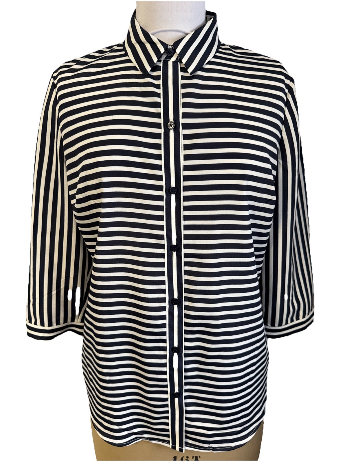 The Limited Women\'s L Button Up Shirt Blue White Striped 3/4 Sleeve Blouse