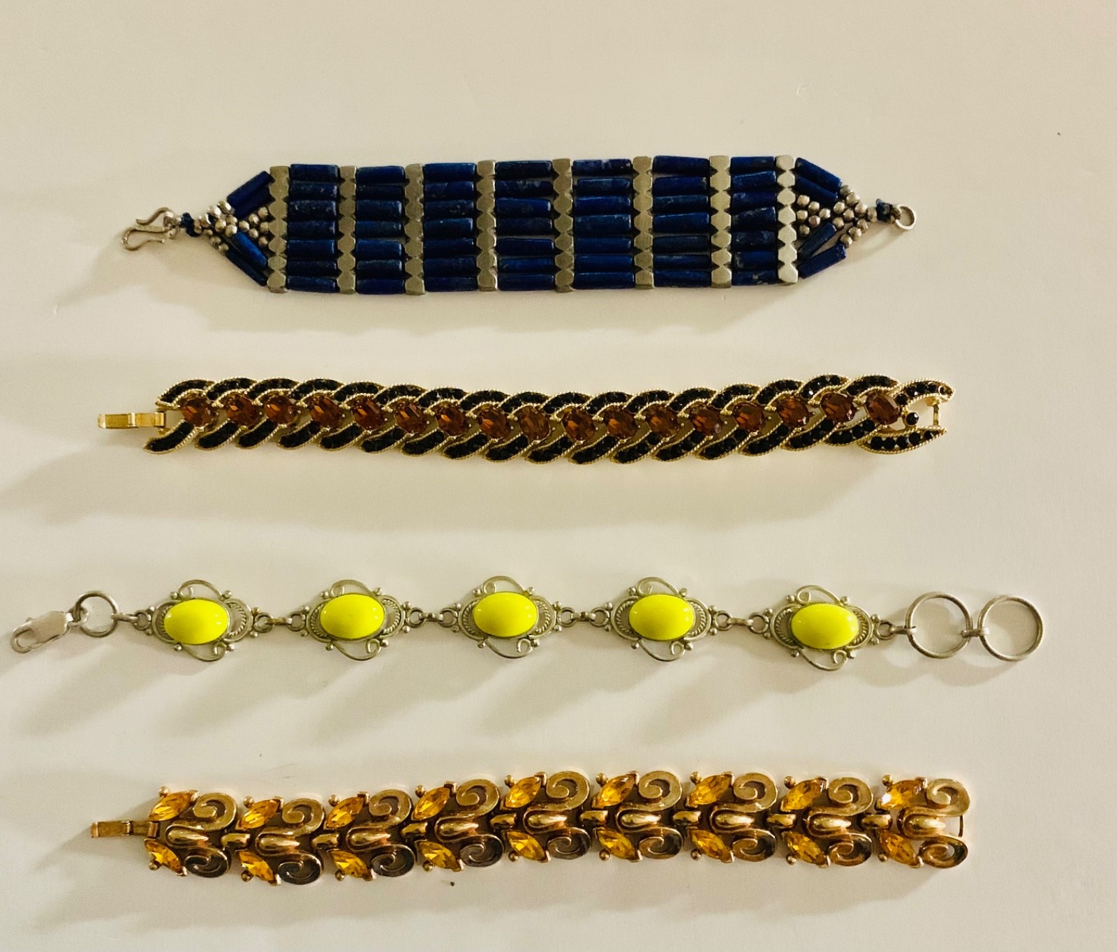 Beautiful Vintage Lapis, Trifari, Yellow Stone, & Rhinestone Bracelets Lot Of 4 Beautiful Vintage Lapis, Trifari, Yellow Stone, & Rhinestone Bracelets Lot Of 4