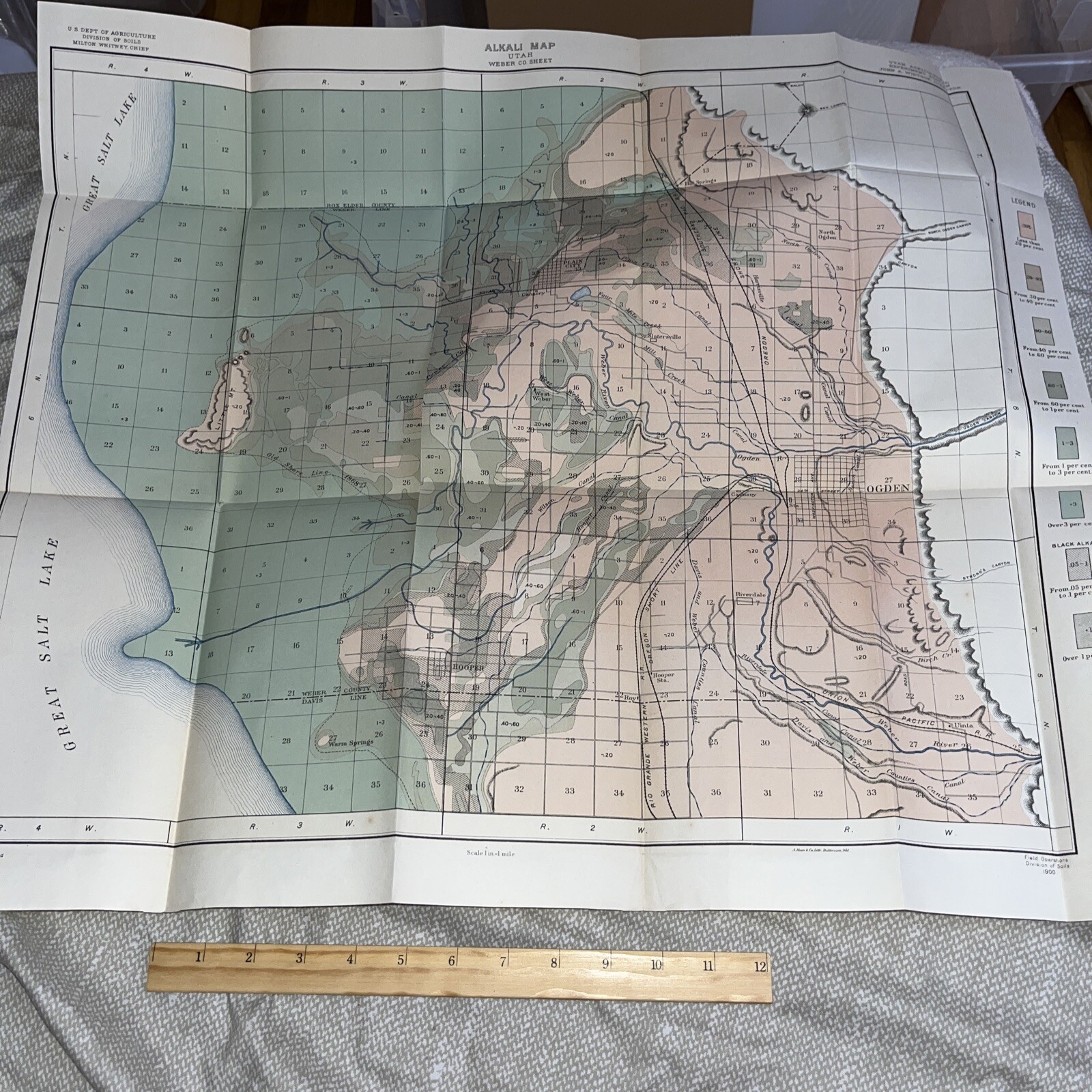 Antique 1900 US Alkali Map Weber County Utah: Great Salt Lake Ogden Canyon