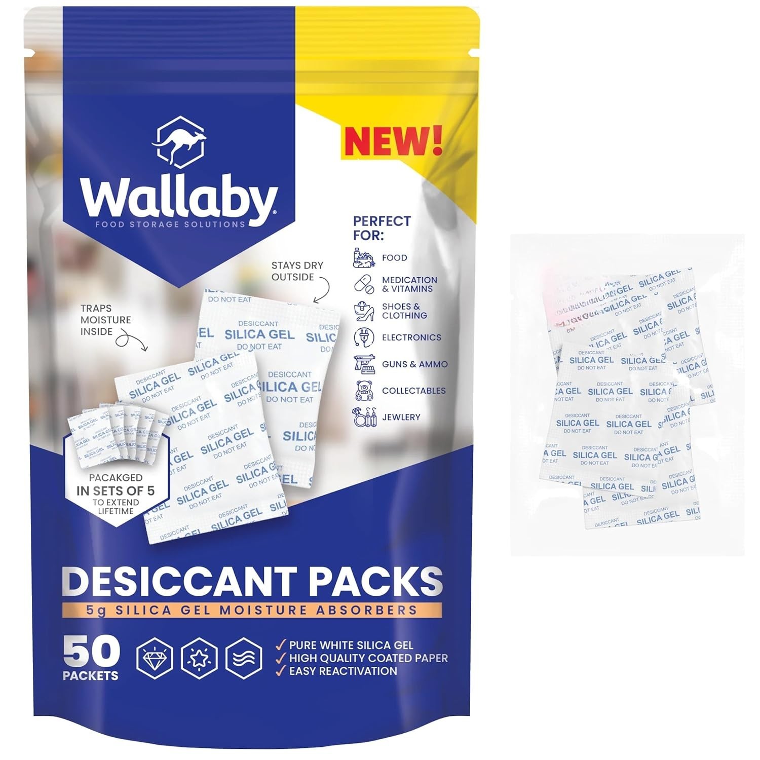 Wallaby 5g Silica Gel Desiccant Packs 50 Count Food Safe Moisture Absorbers