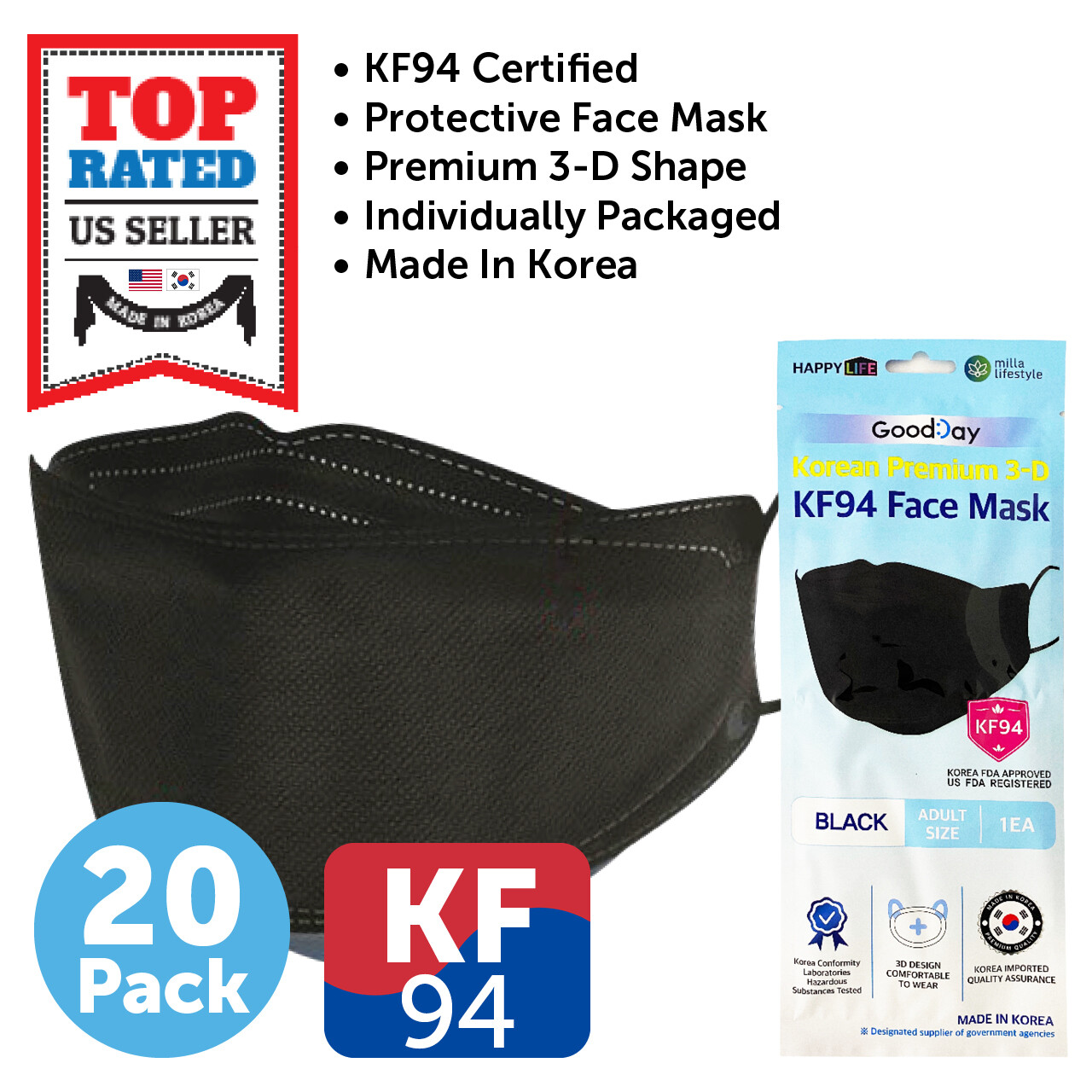 20-100 PCS KF94 Face Mask BLACK 4 Layers Safety Protective Made in Korea