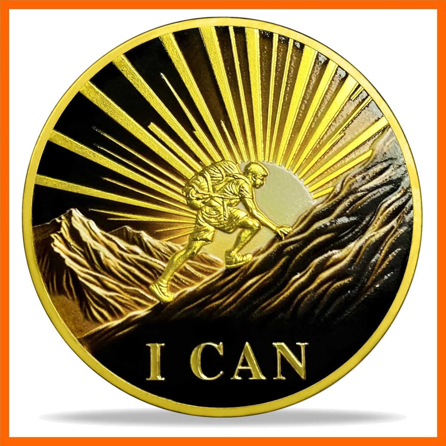 Motivational Challenge Coin - I Can Sunrise Mountain Climber Design & Never G...