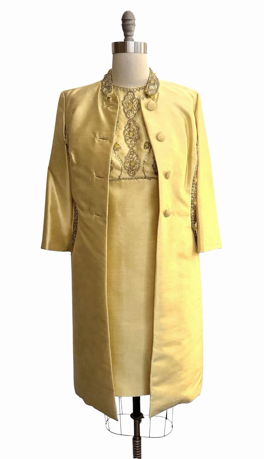 Vintage 1960’s Silk Beaded Shift Dress And Coat Set In Yellow, Bernetti Label Vintage 1960’s Silk Beaded Shift Dress And Coat Set In Yellow, Bernetti Label