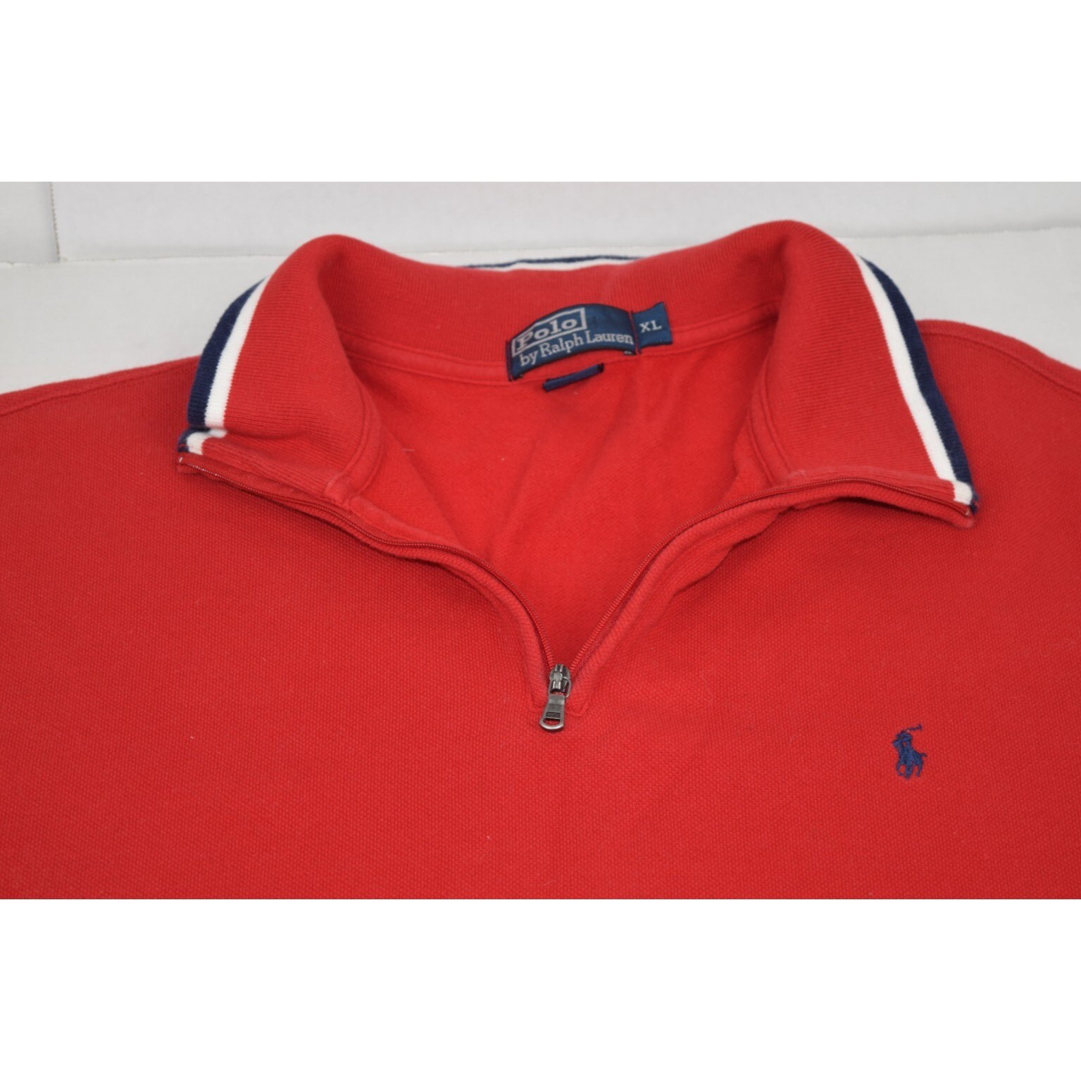 Vintage Polo Ralph Lauren Sweatshirt XL 90s Classic Red Quarter Zip Blue Trim