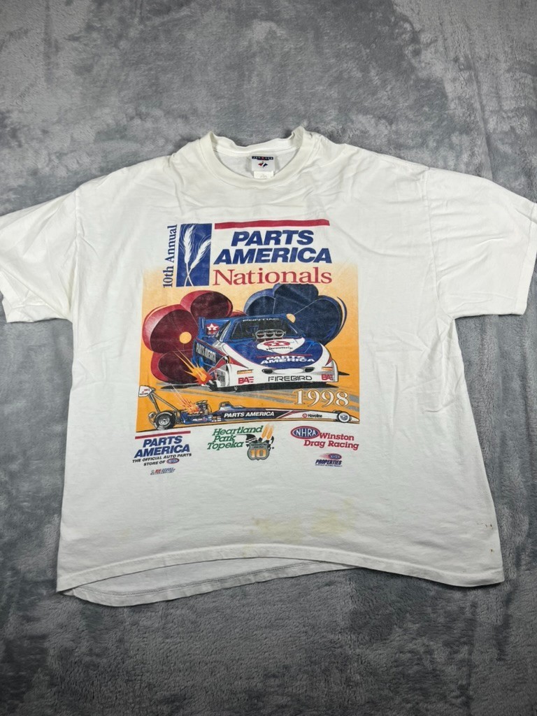 Vintage 1998 Parts America Nationals NHRA Drag Racing T-Shirt XL White Vintage 1998 Parts America Nationals NHRA Drag Racing T-Shirt XL White
