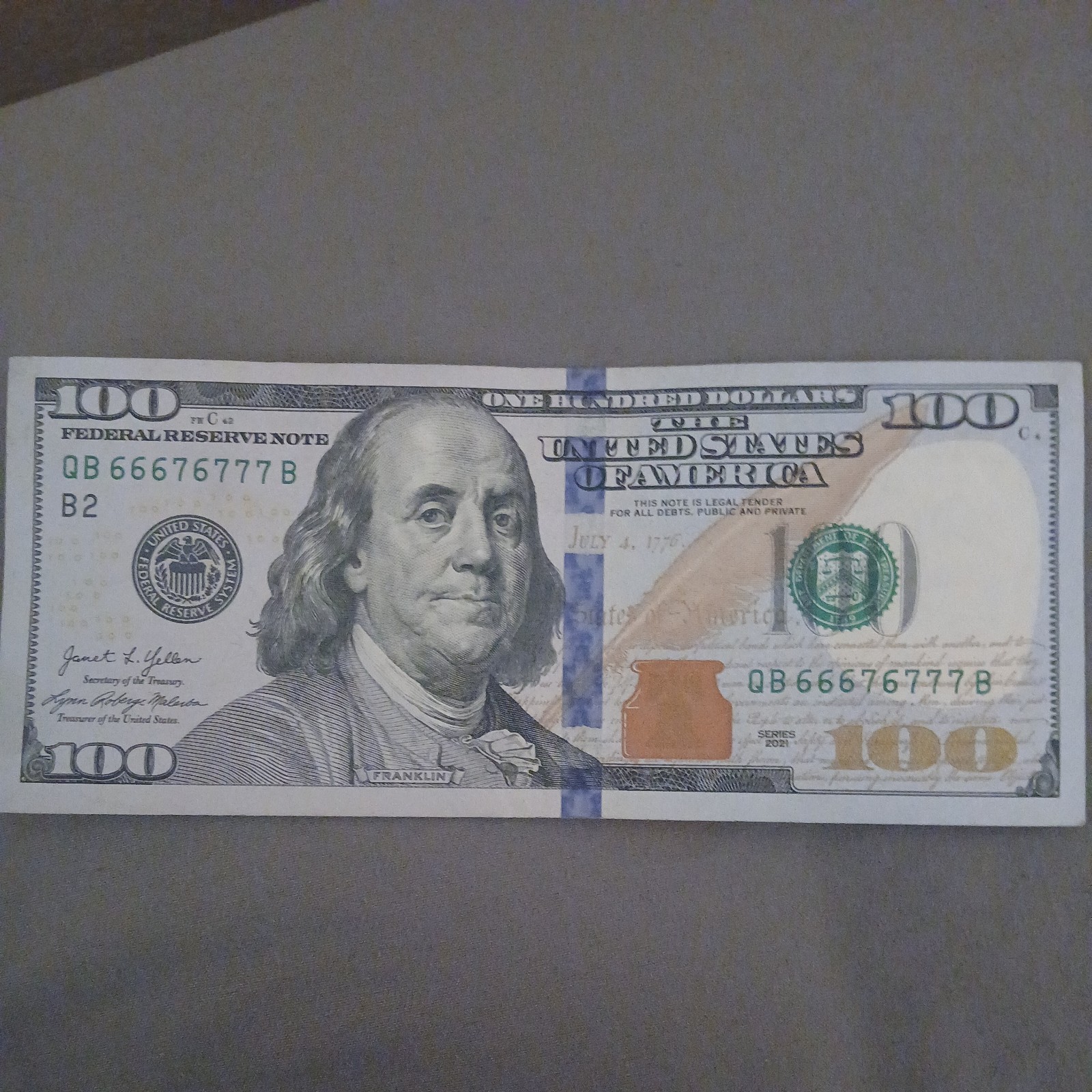 Fancy Serial Number $100 Dollar Bill EXTREMELY RARE SERIAL NUMBER QB 66676777 B Fancy Serial Number $100 Dollar Bill EXTREMELY RARE SERIAL NUMBER QB 66676777 B