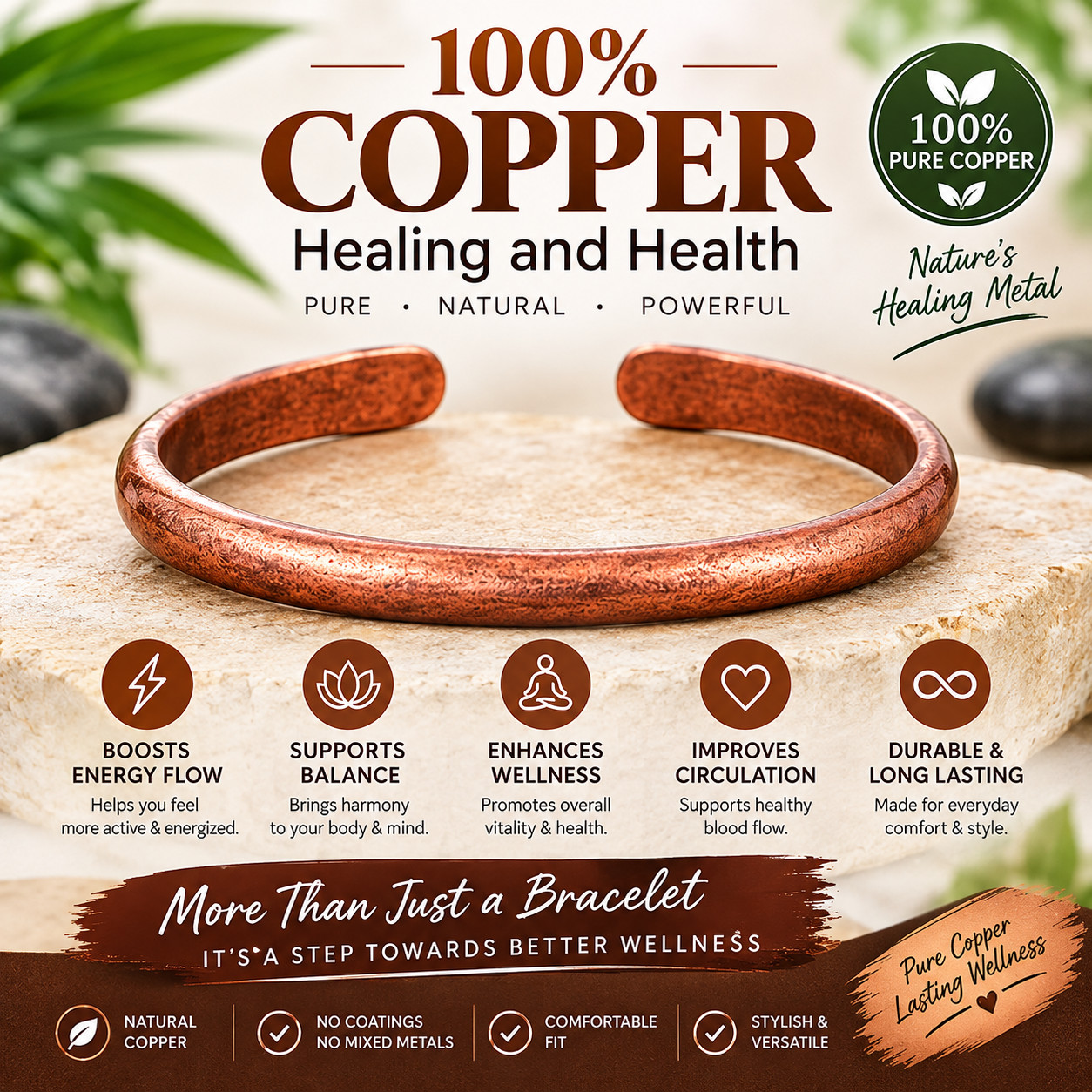 Solid Pure Copper Heavy Bracelet Arthritis Pain Therapy Energy 50gr Cuff Bangle