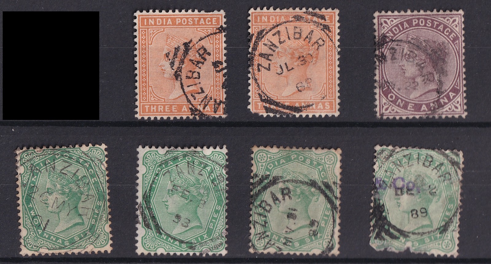 India Stamps used in Zanzibar 1887-1894 SGZ64;6870;75 CV £73