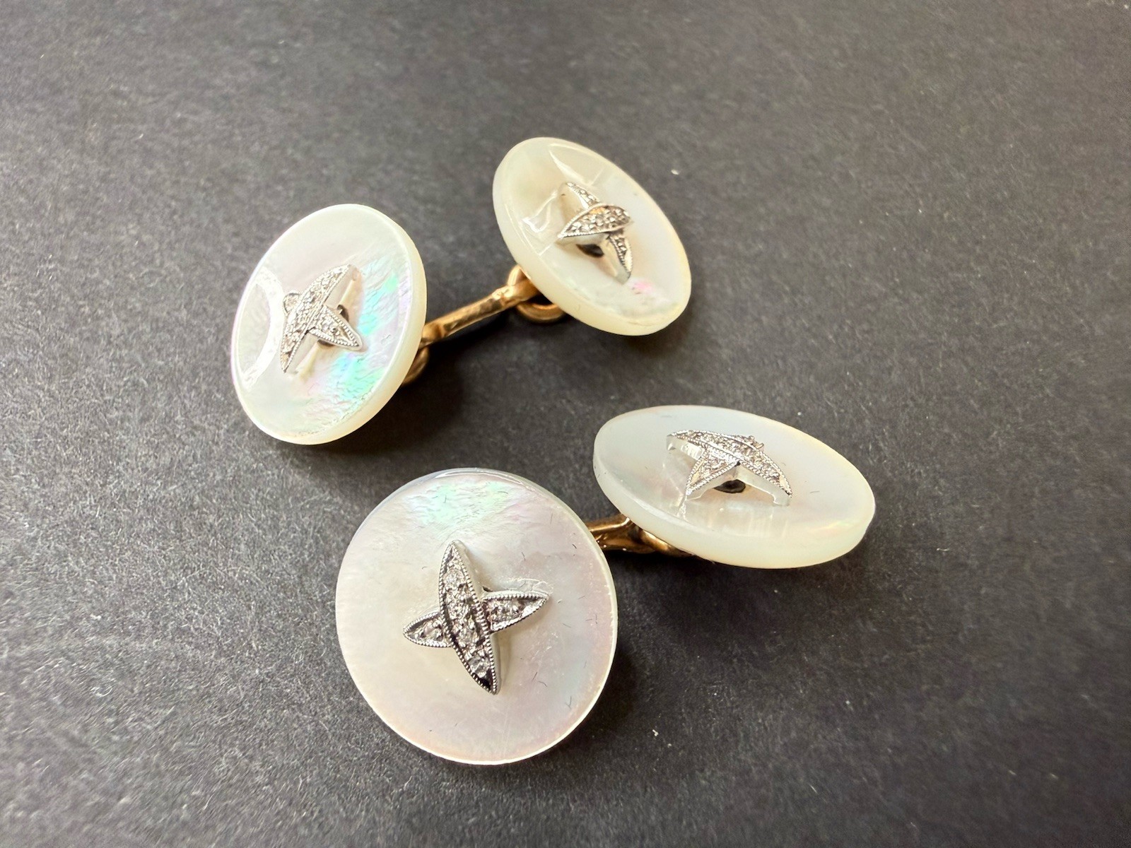 Rare Larter Mother Of Pearl Diamond Cufflinks With 14 kt Gold Link Rare Larter Mother Of Pearl Diamond Cufflinks With 14 kt Gold Link
