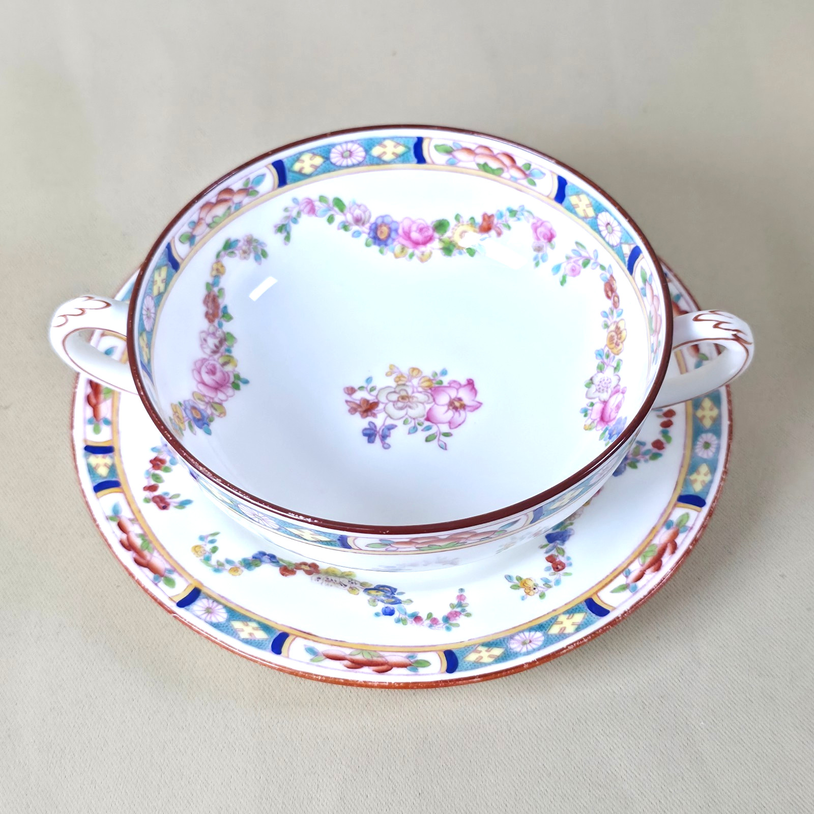 Antique Minton Rose Bouillon Cup & Saucer Set A4807 Hand Enameled Raised Paint