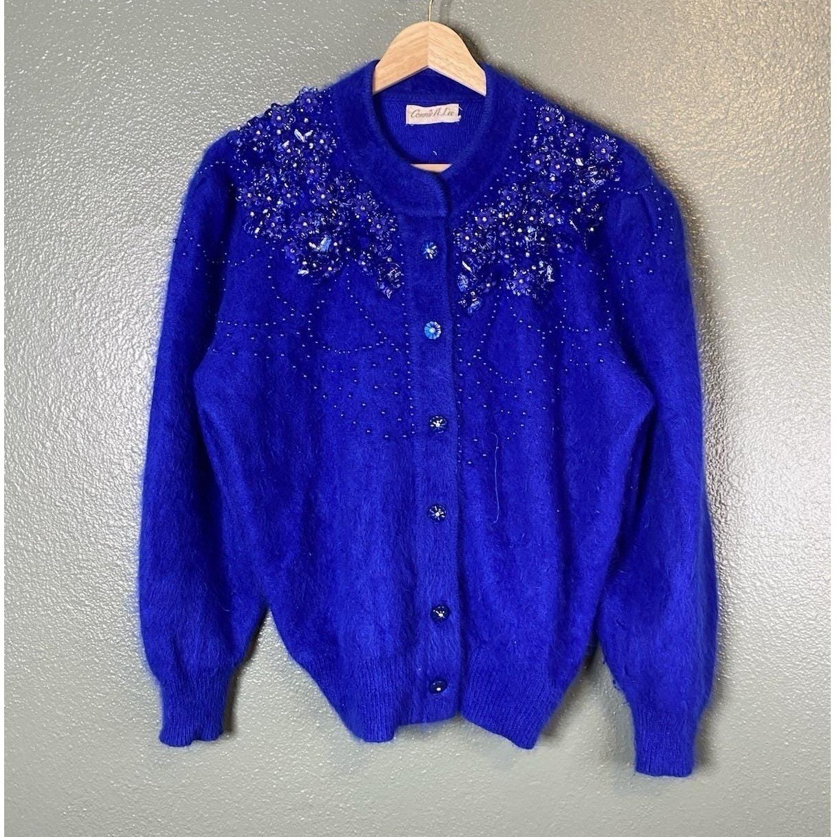 VTG Connie A Lee Women\'s Size M L COBALT 80% Angora Fluffy Furry Vibrant Sweater