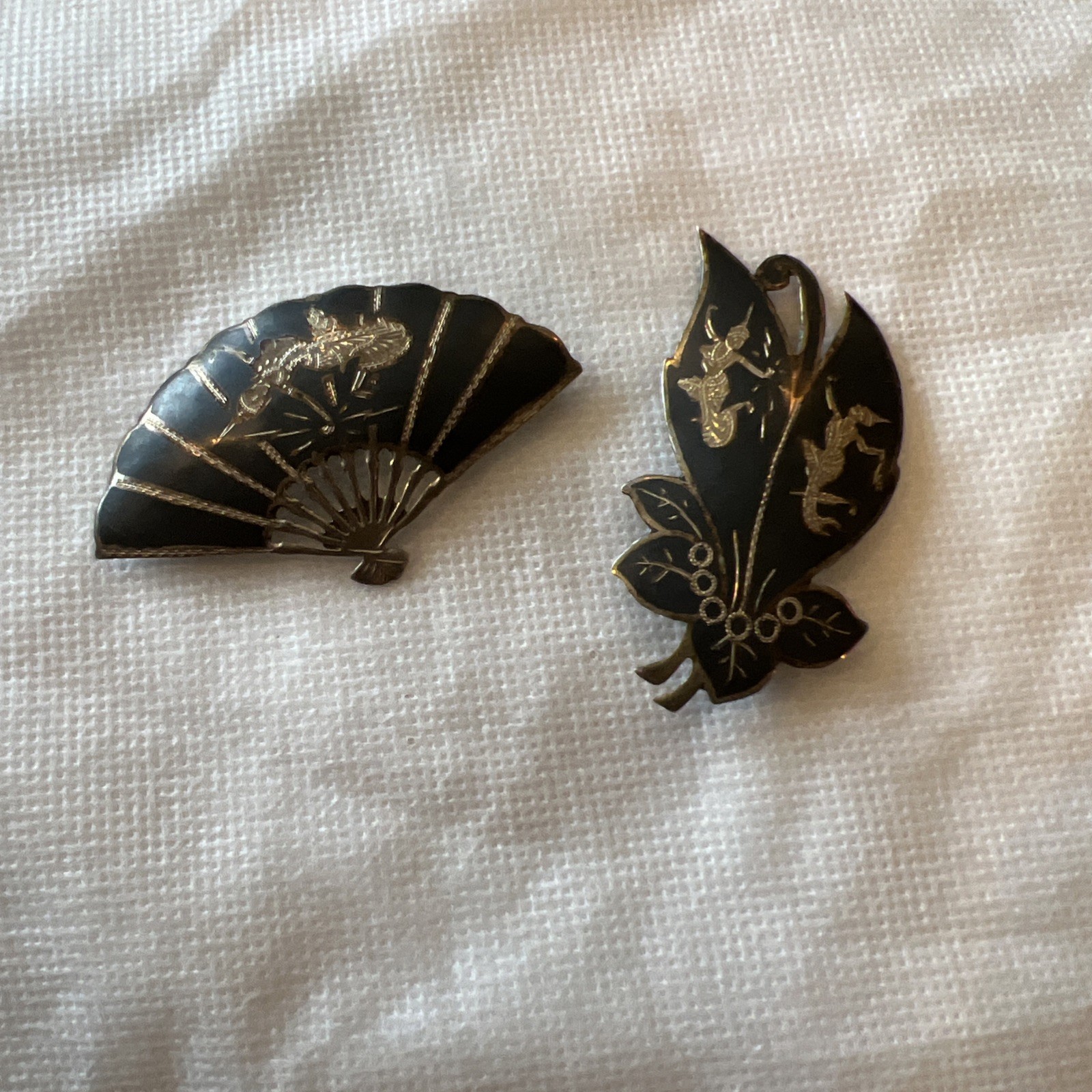 Vintage Sterling Silver Niello Siam Thai Mekhala dancing fan brooch pins pair