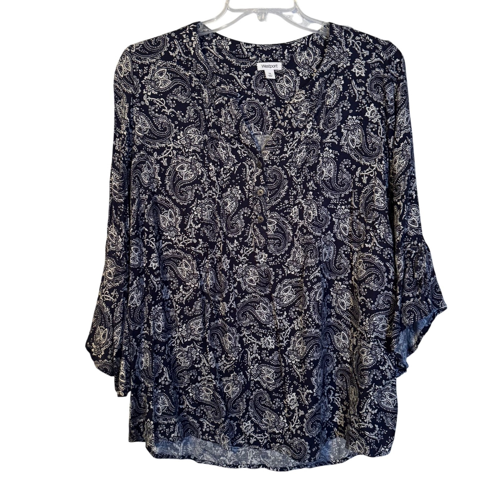 Westport Womens Blouse Sz 1X Navy & White Paisley Print 3/4 Sleeve Blouse Westport Womens Blouse Sz 1X Navy & White Paisley Print 3/4 Sleeve Blouse