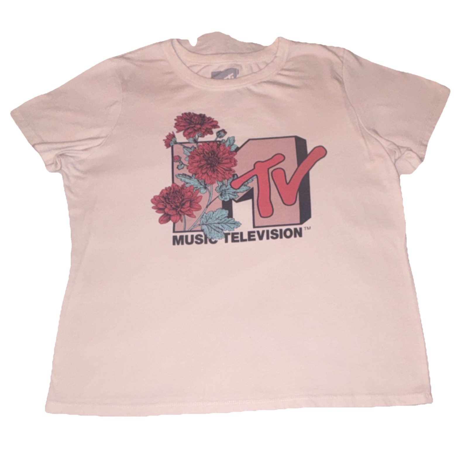 MTV Floral Logo T-Shirt Women’s Large White Music Television Graphic Tee Trendy