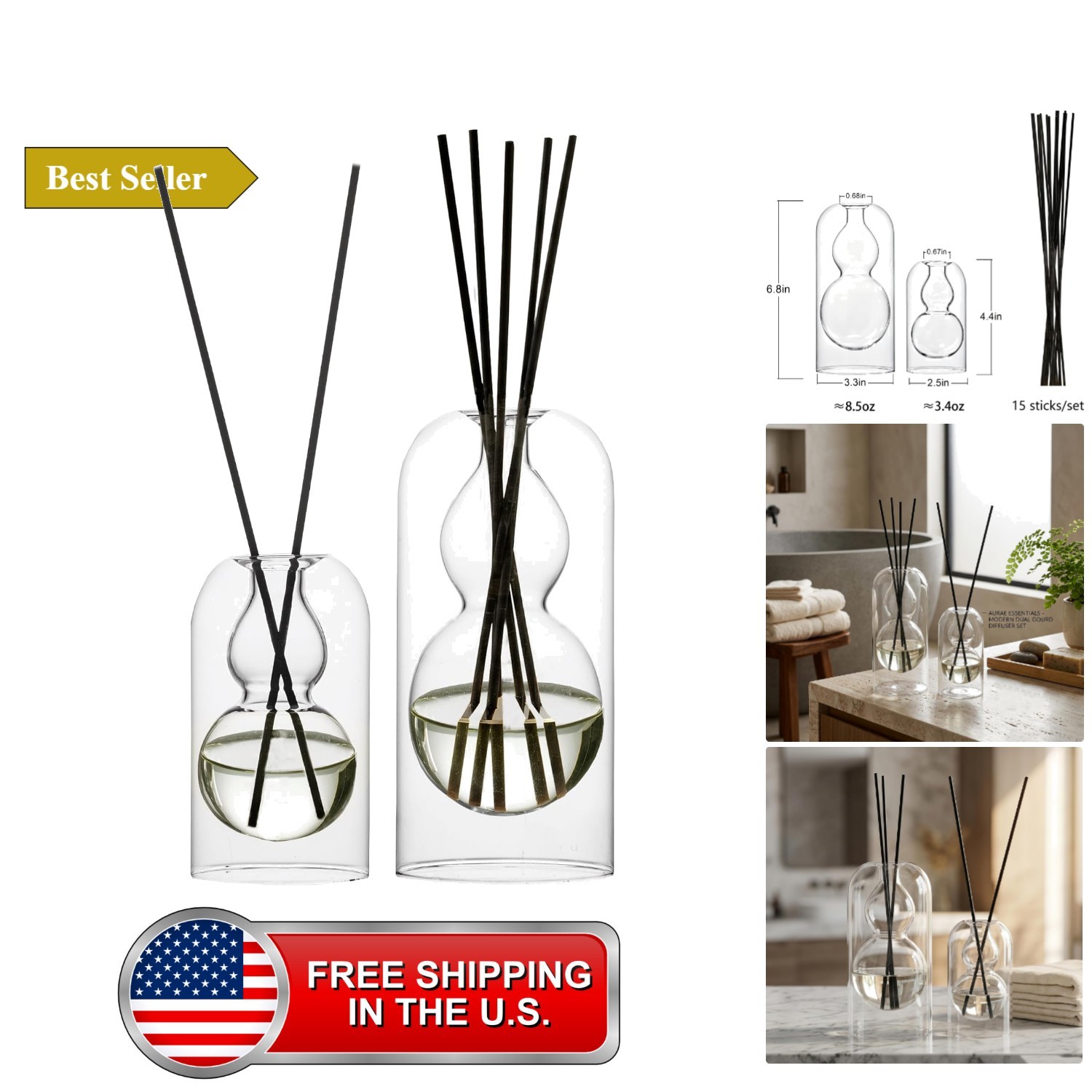 Reed Diffuser Bottles 2pcs/Set, Glass Gourd-Shaped Empty Diffuser Bottle with...