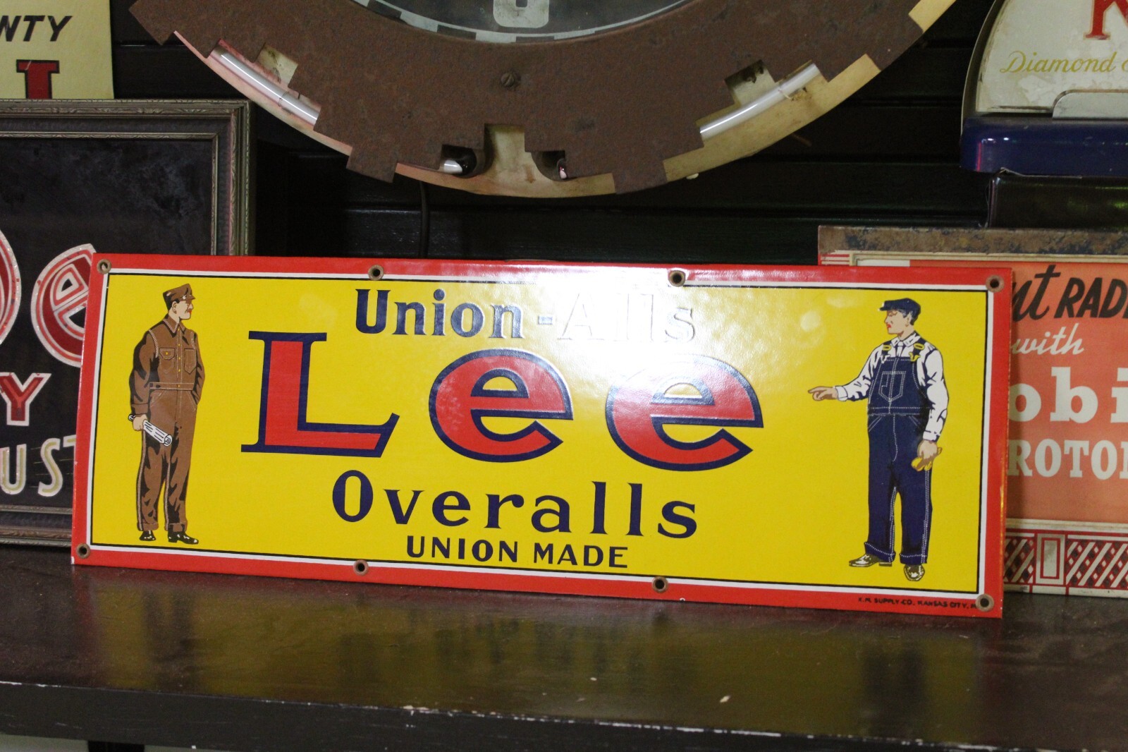 RARE LEE OVERALL UNION MADE DEALER PORCELAIN METAL WORK WEAR DENIM JEANS CLOTHES RARE LEE OVERALL UNION MADE DEALER PORCELAIN METAL WORK WEAR DENIM JEANS CLOTHES