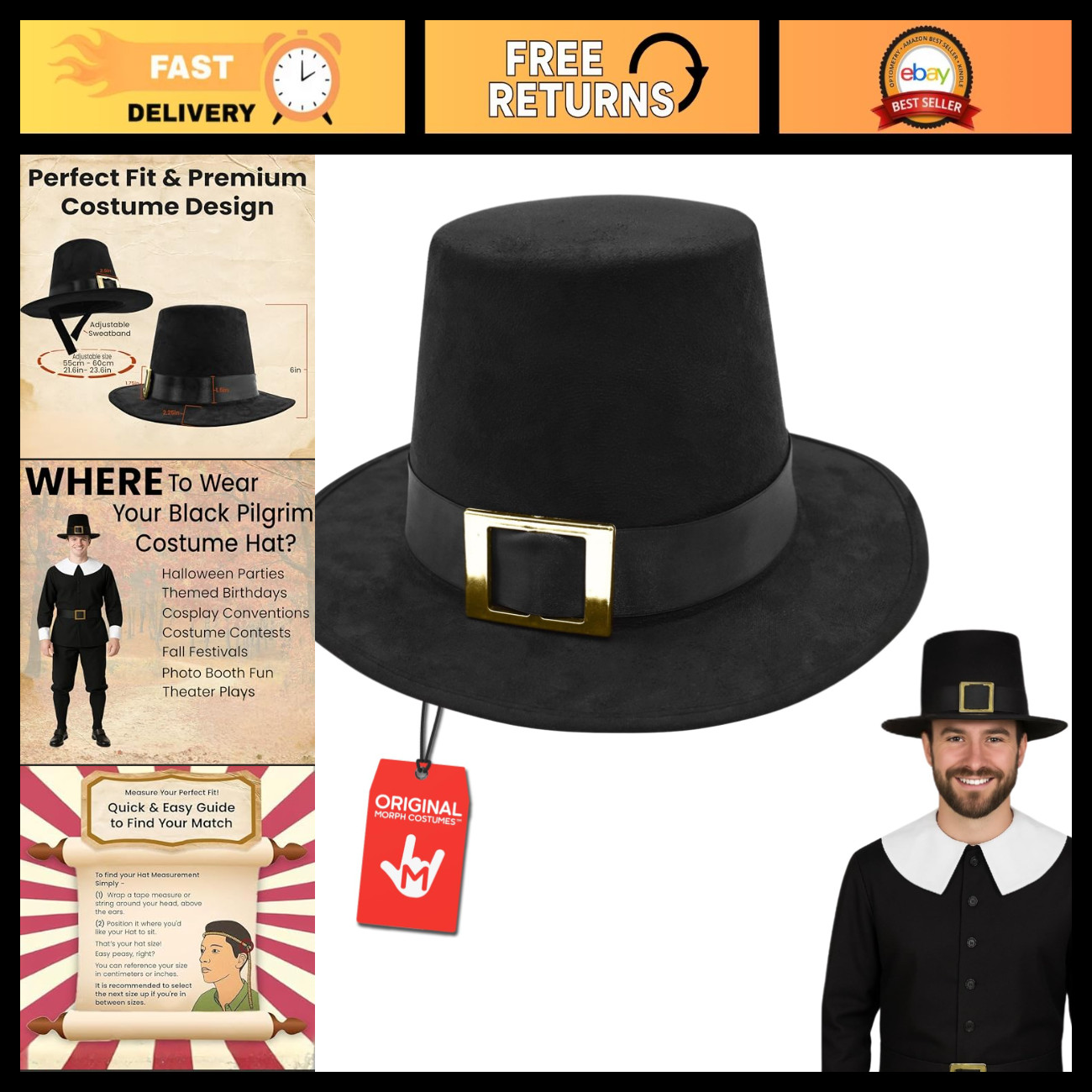 Pilgrim Hat Black Puritan Costume Accessory for Thanksgiving Party, Holiday Fun Pilgrim Hat Black Puritan Costume Accessory for Thanksgiving Party, Holiday Fun