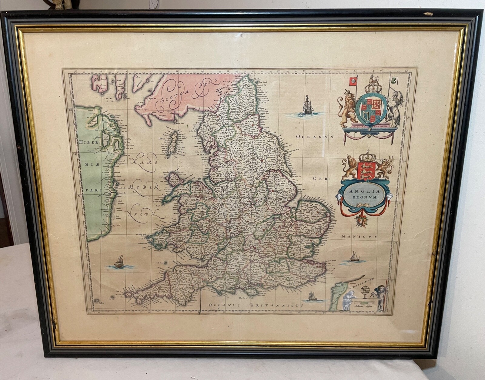 Rare antique hand colored European Map Kingdom of England Janssonius 1642 2sided