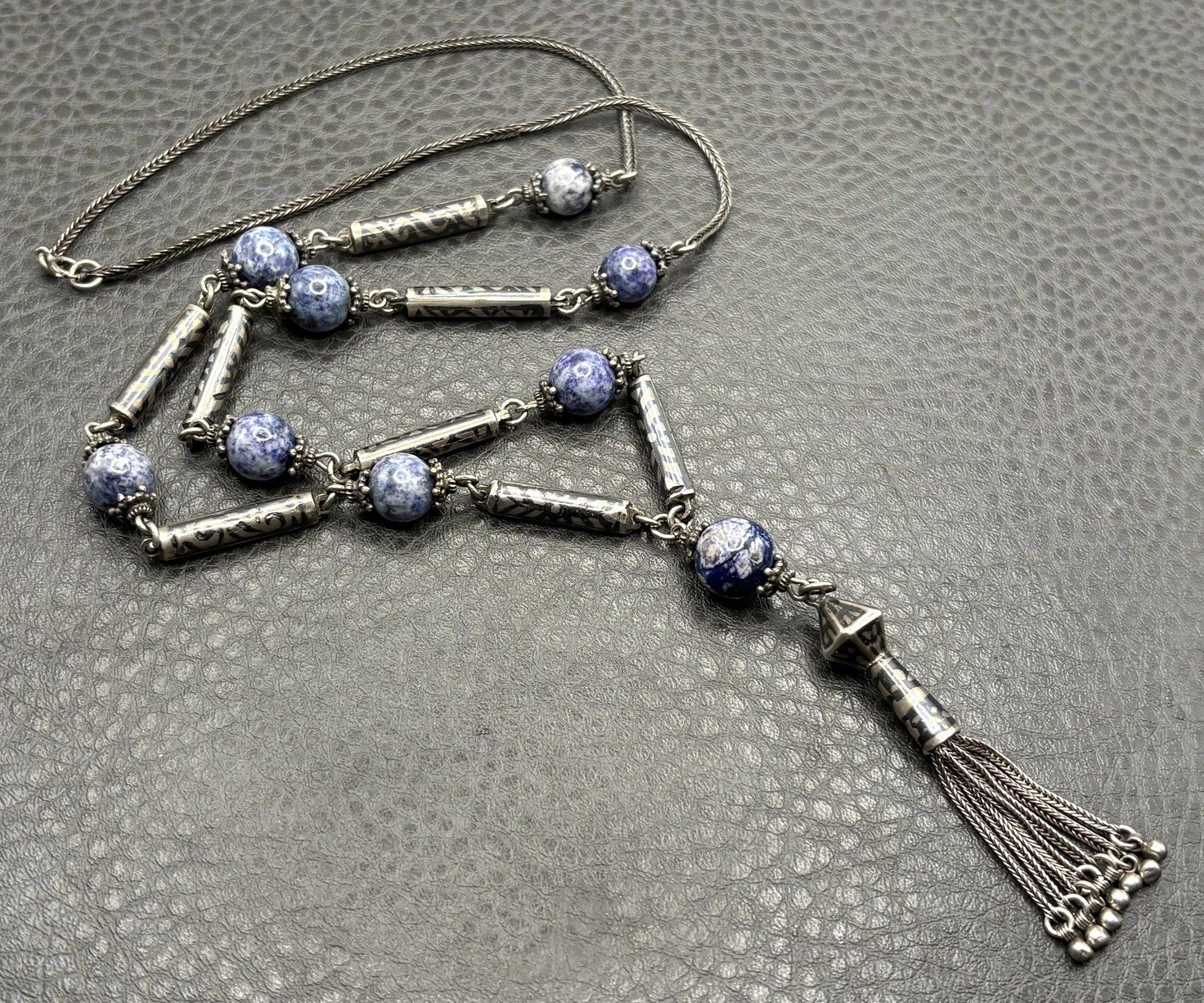 VTG Sterling Silver Tassel Blue Stone Niello Foxtail Chain Boho Necklace 26” 60g VTG Sterling Silver Tassel Blue Stone Niello Foxtail Chain Boho Necklace 26” 60g