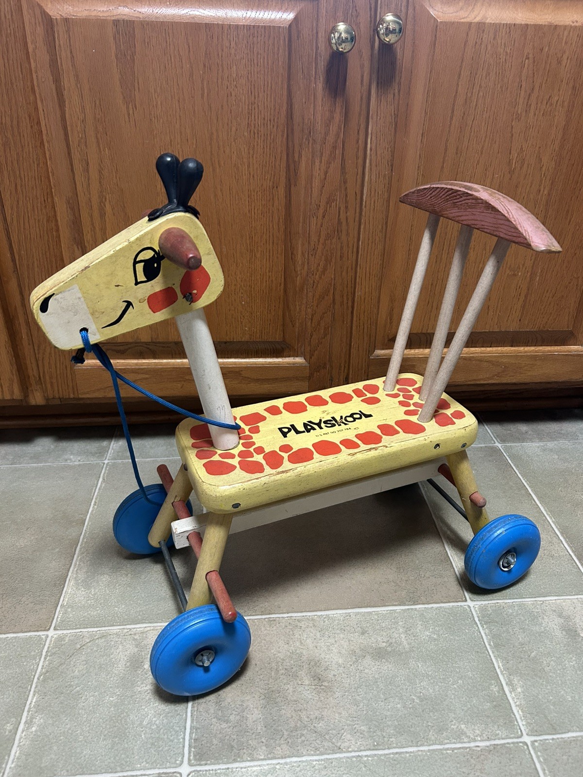 Vintage 1960s PLAYSKOOL Wooden Giraffe Ride On Scooter RARE Riding Toy