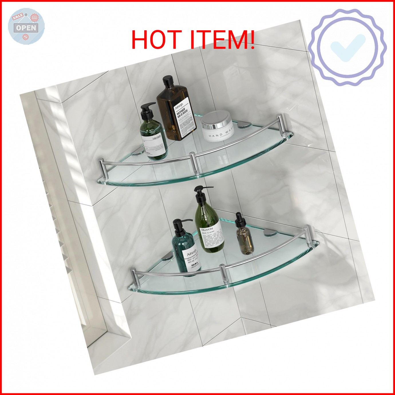 YorkHoMo Glass Corner Shelves Tempered Bathroom Eestantes para Baños with Rail W YorkHoMo Glass Corner Shelves Tempered Bathroom Eestantes para Baños with Rail W