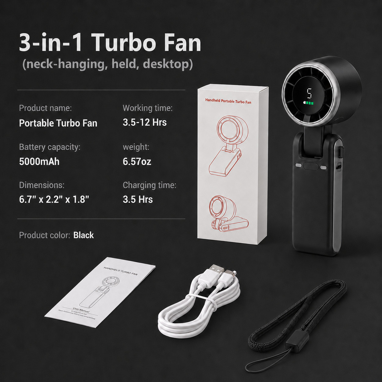 Portable Handheld Turbo Fan, 5-Speed Rechargeable Mini Fan with LED Display