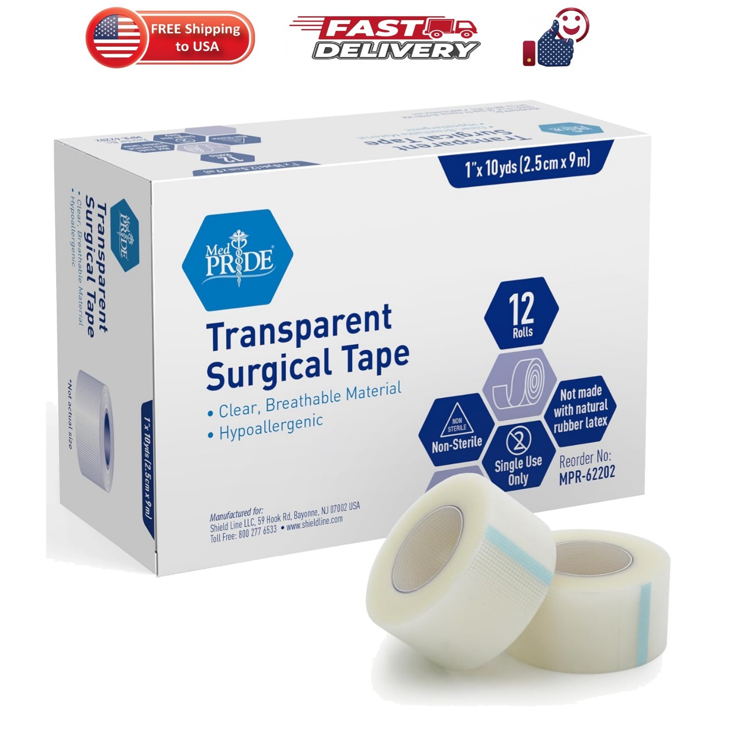 Transparent Surgical Tape,1 in x 10 yd,Hypoallergenic,12-Pack