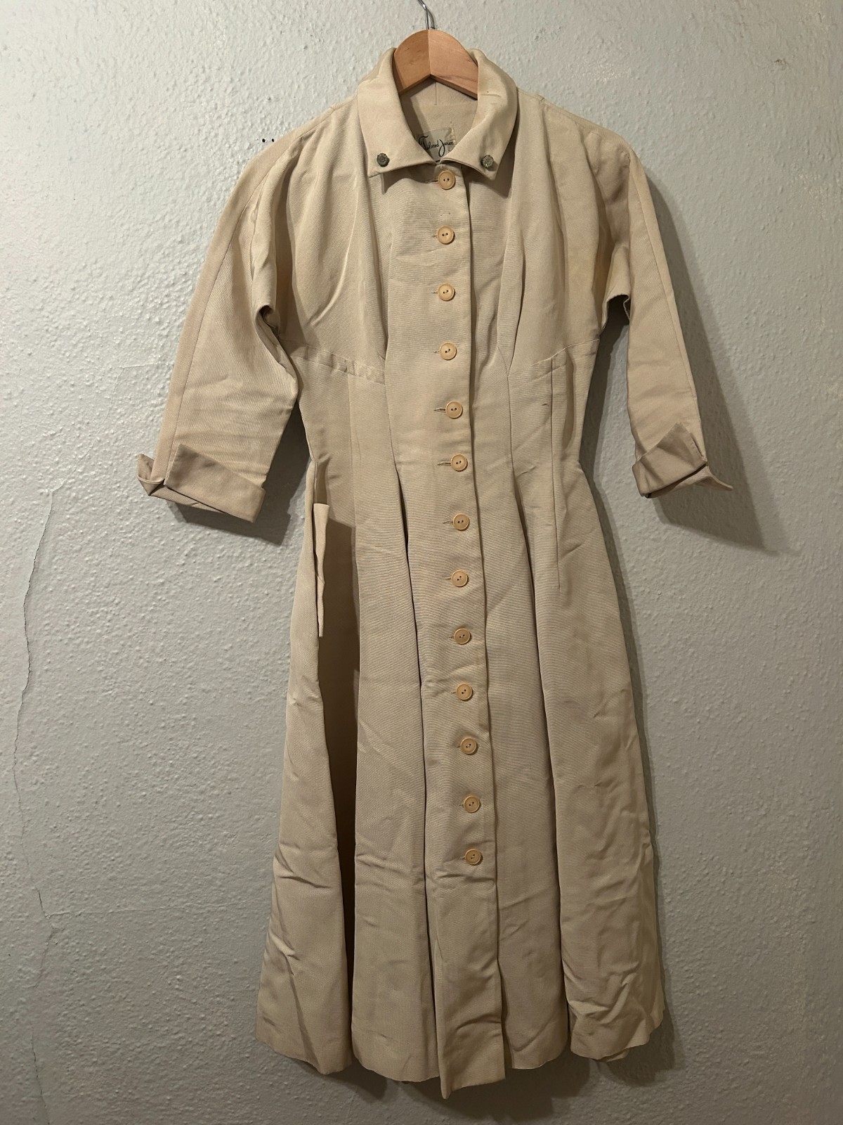 Vintage 1950s Womens XS/S Rockabilly Khaki Gabardine Full Skirt Day Dress