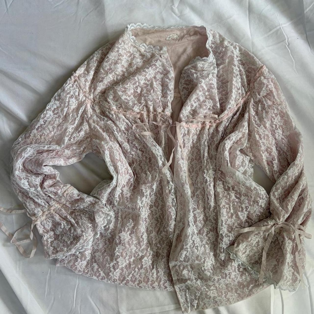 Vintage 60s Premaman French Lace Babydoll Cardigan Pink White Bell Sleeve XS S Vintage 60s Premaman French Lace Babydoll Cardigan Pink White Bell Sleeve XS S