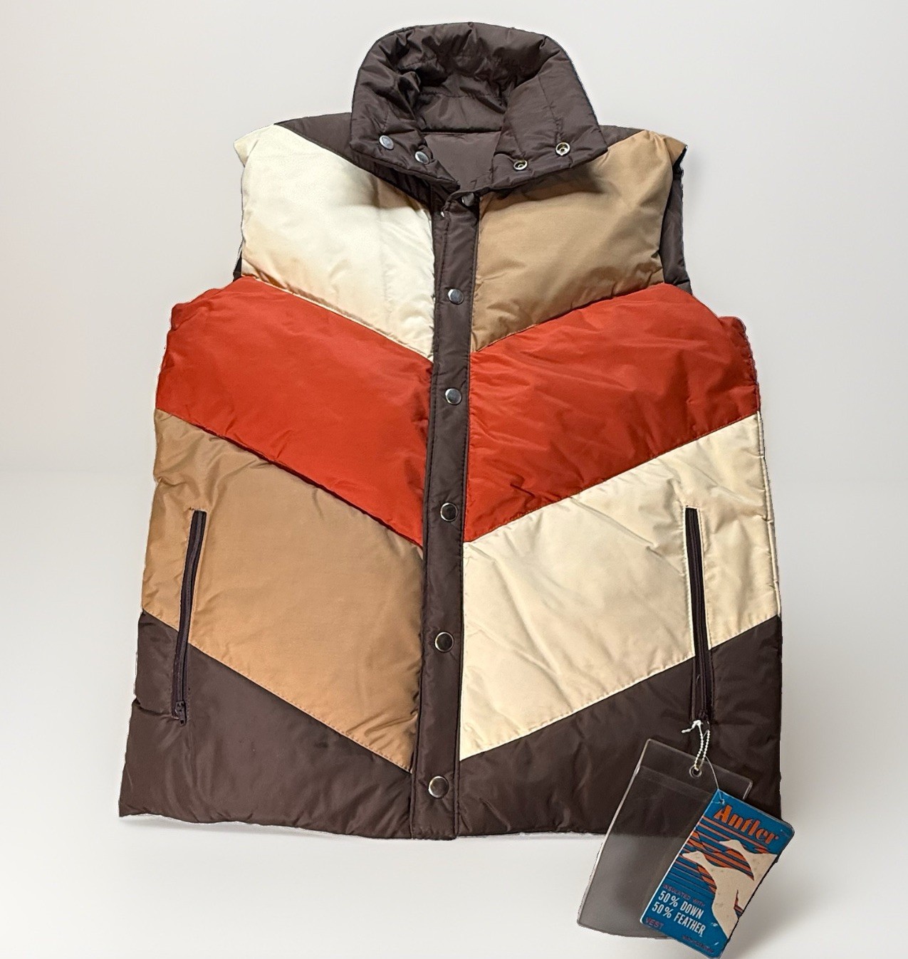 VTG 70s NOS Antler Down Feather Puffer Vest Brown Chevron Mens(S) Reversible NEW