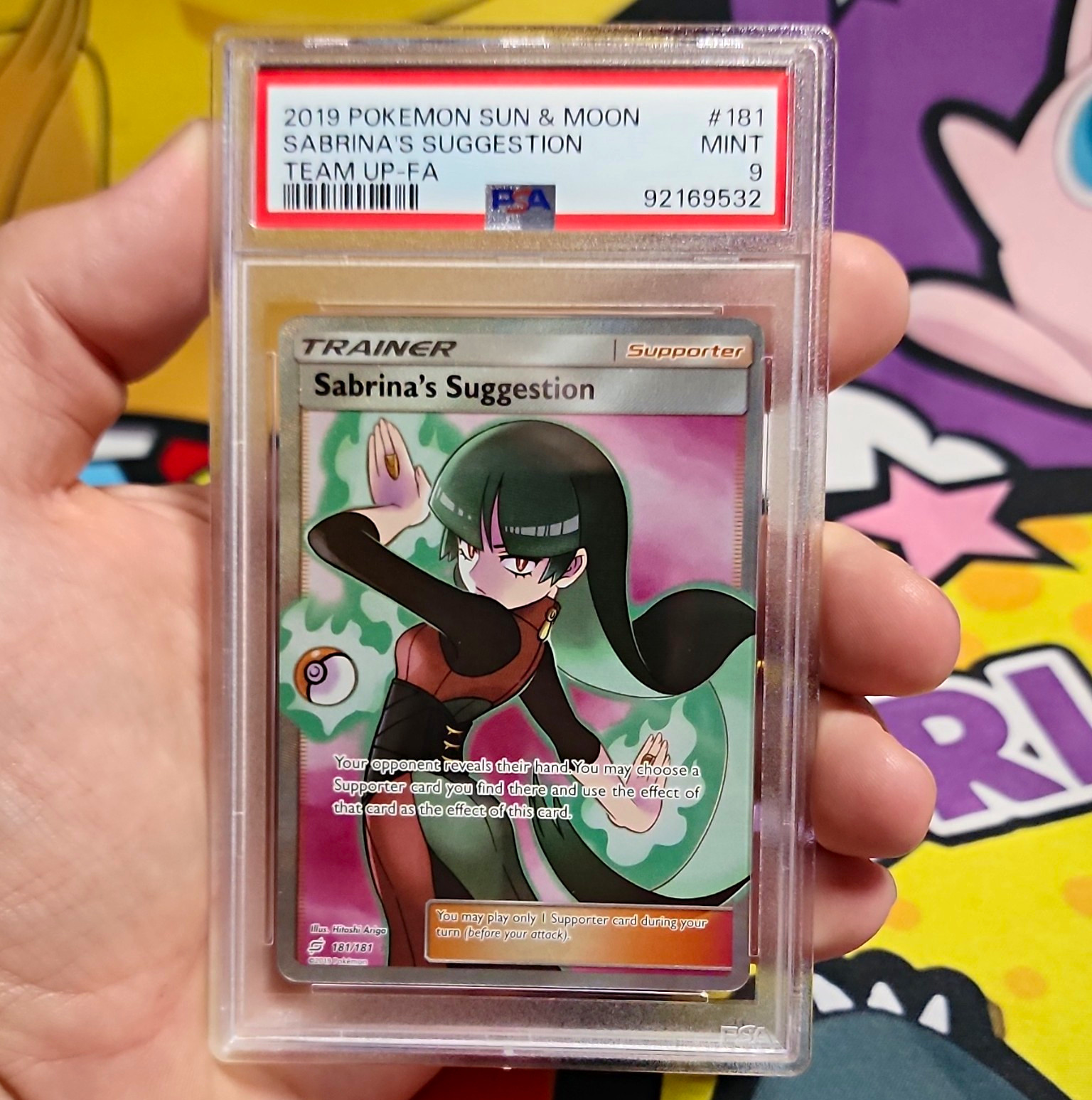 2019 POKEMON SUN & MOON TEAM UP #181 FULL ART/SABRINA\'S SUGGESTION PSA 9