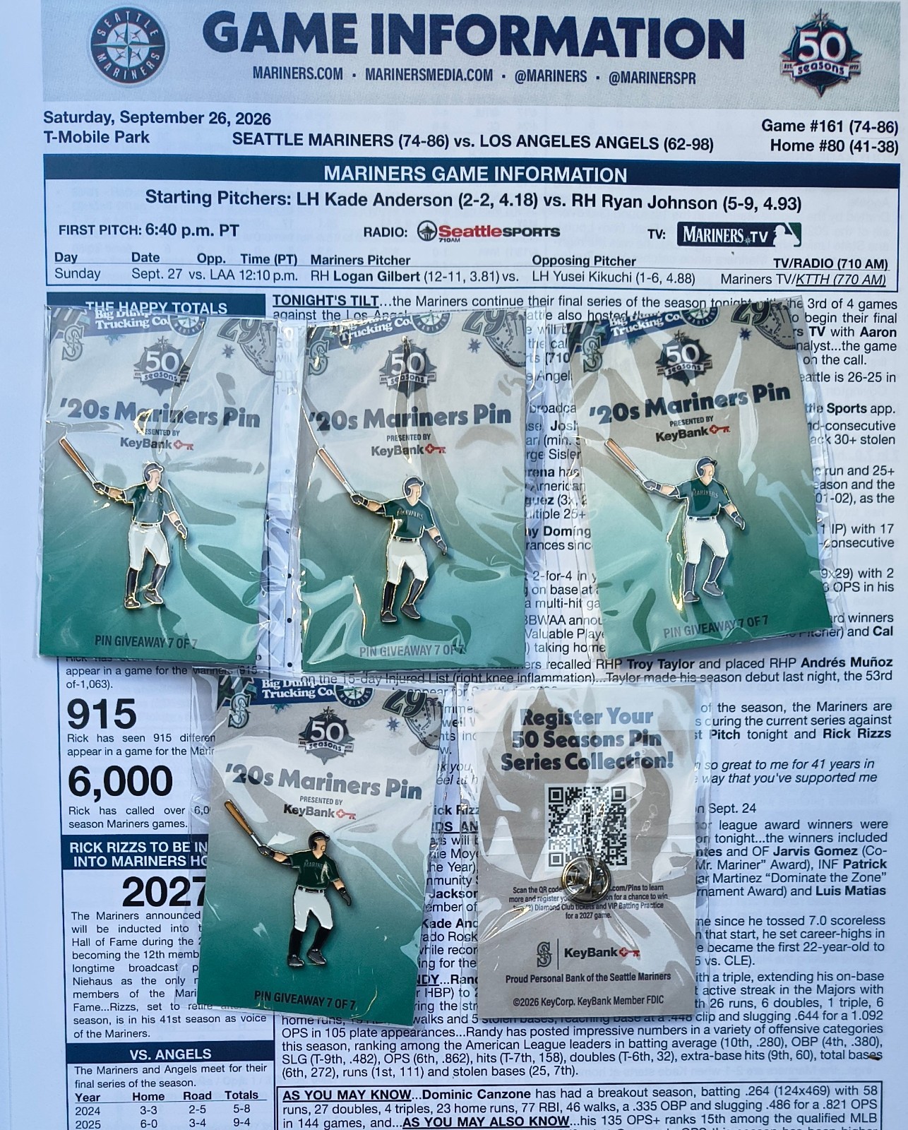 One (1) Seattle Mariners 2026 \'20s Pin Night Cal Raleigh SGA 9/26/26, giveaway 7