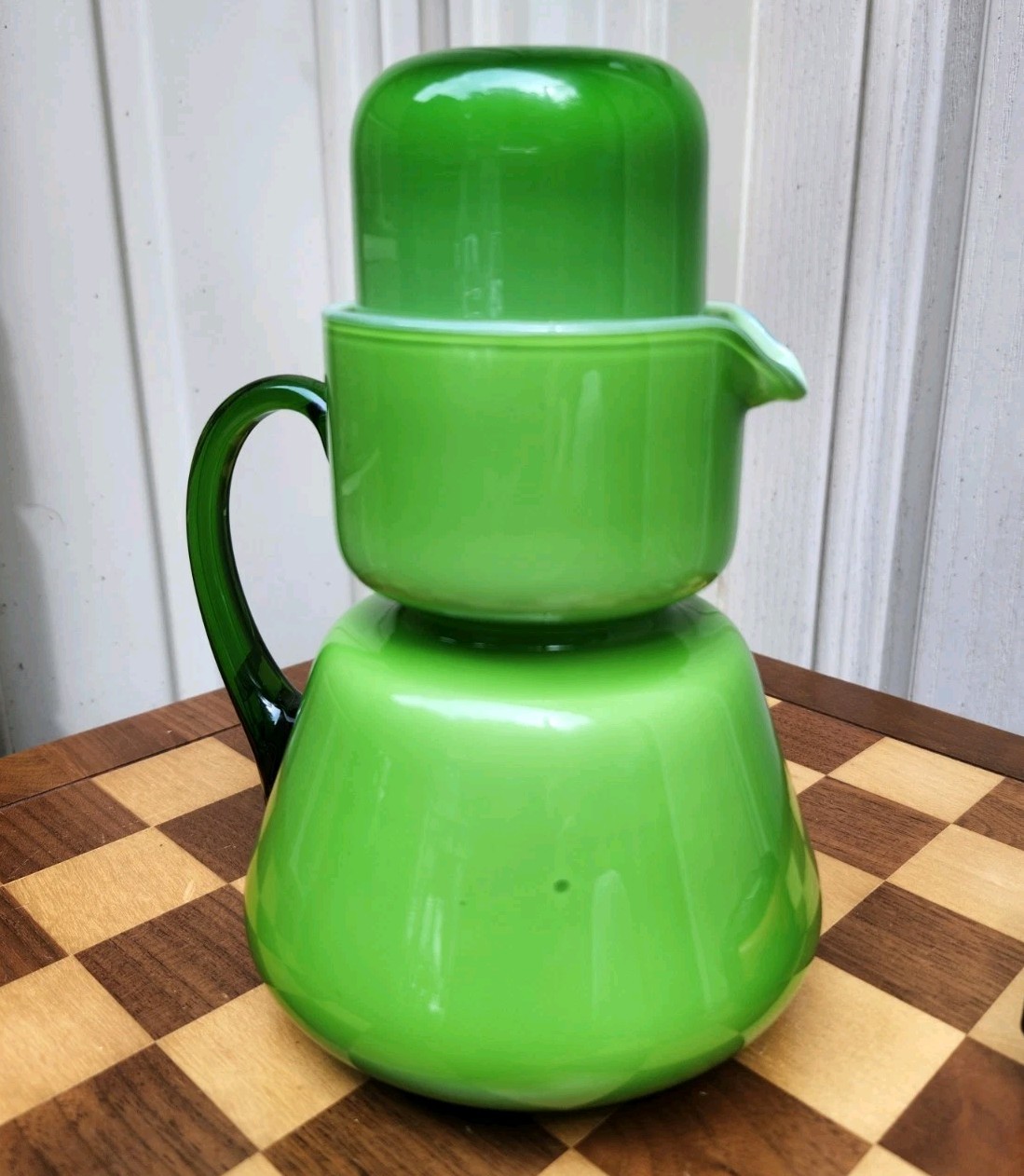 Vtg Carlo Moretti Murano Green Encased Carafe Tumble Up Pitcher Tumbler Set MCM Vtg Carlo Moretti Murano Green Encased Carafe Tumble Up Pitcher Tumbler Set MCM