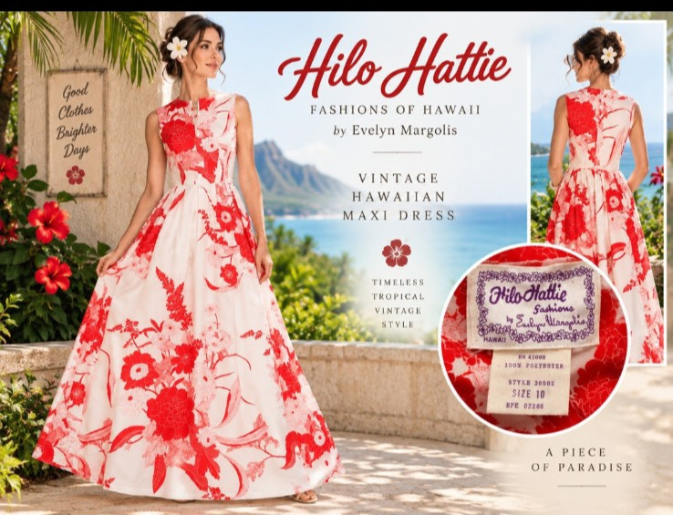 Vintage Hilo Hattie Evelyn Margolis Hawaiian Maxi Dress Red Floral 70s Sz 10