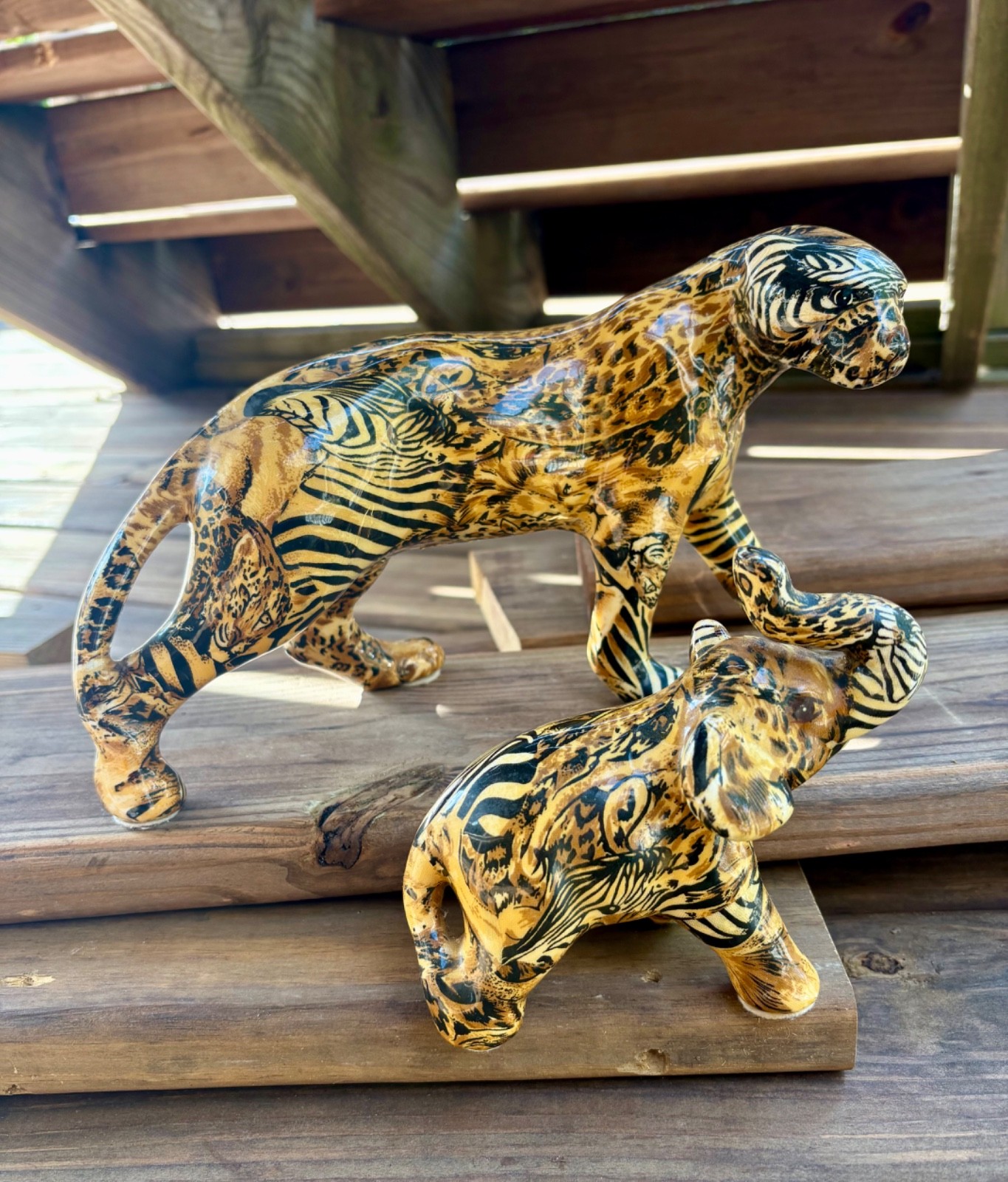 2 Vintage La Vie Safari Patchwork Ceramic Figurines Tiger & Elephant Art Deco