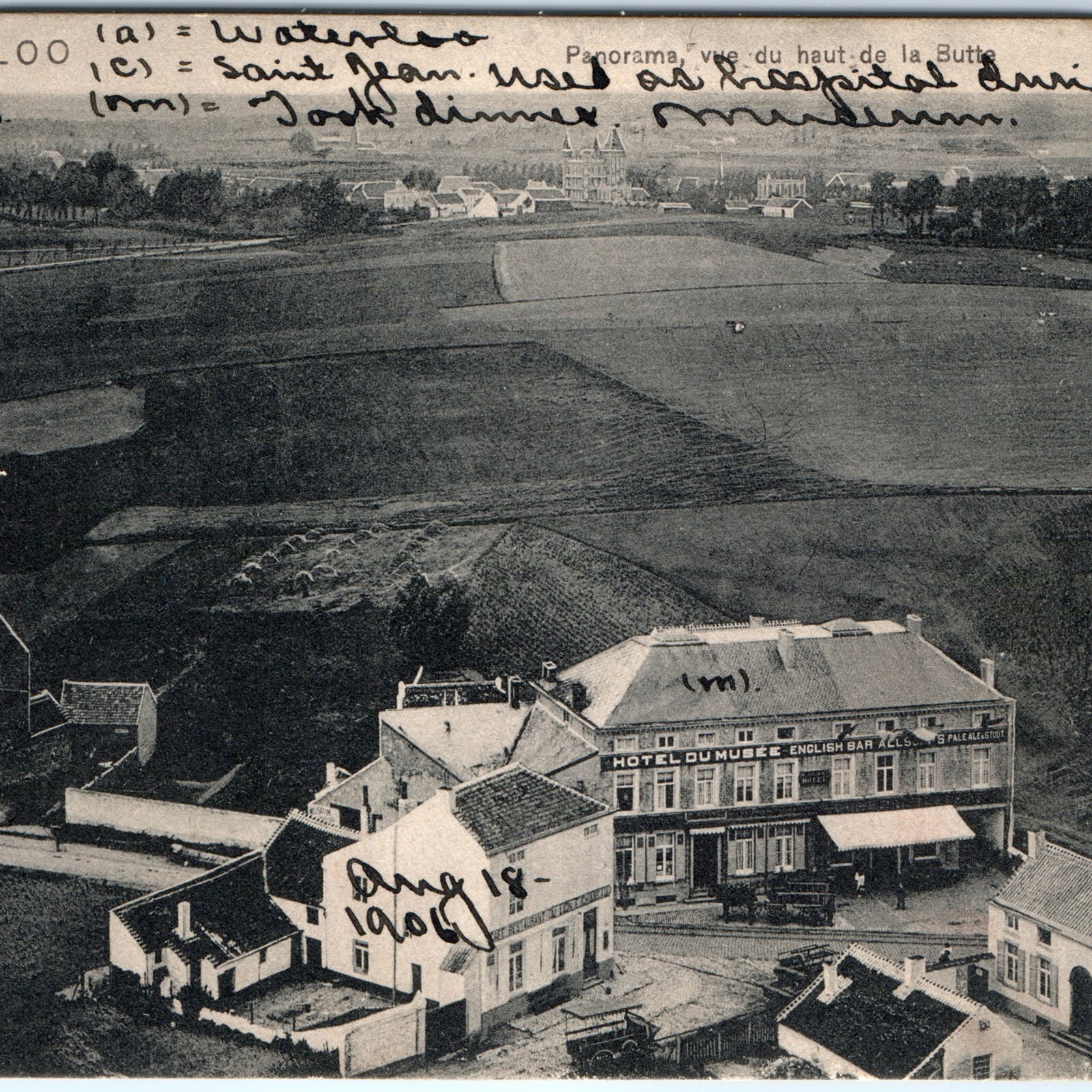 c1900s Waterloo, Belgium Panorama Hotel du Musee St Jean Battle Postcard Litho