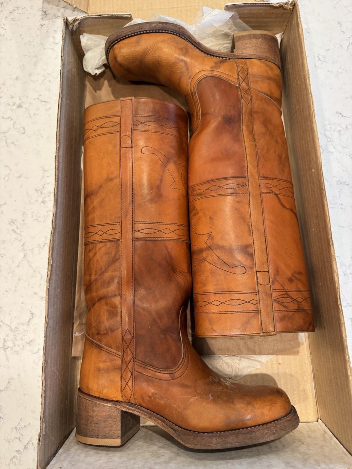 Vtg 70s Frye? Longhorn Campus Tall Boots Women 8 M Marbled Brown Leathern EUC BH