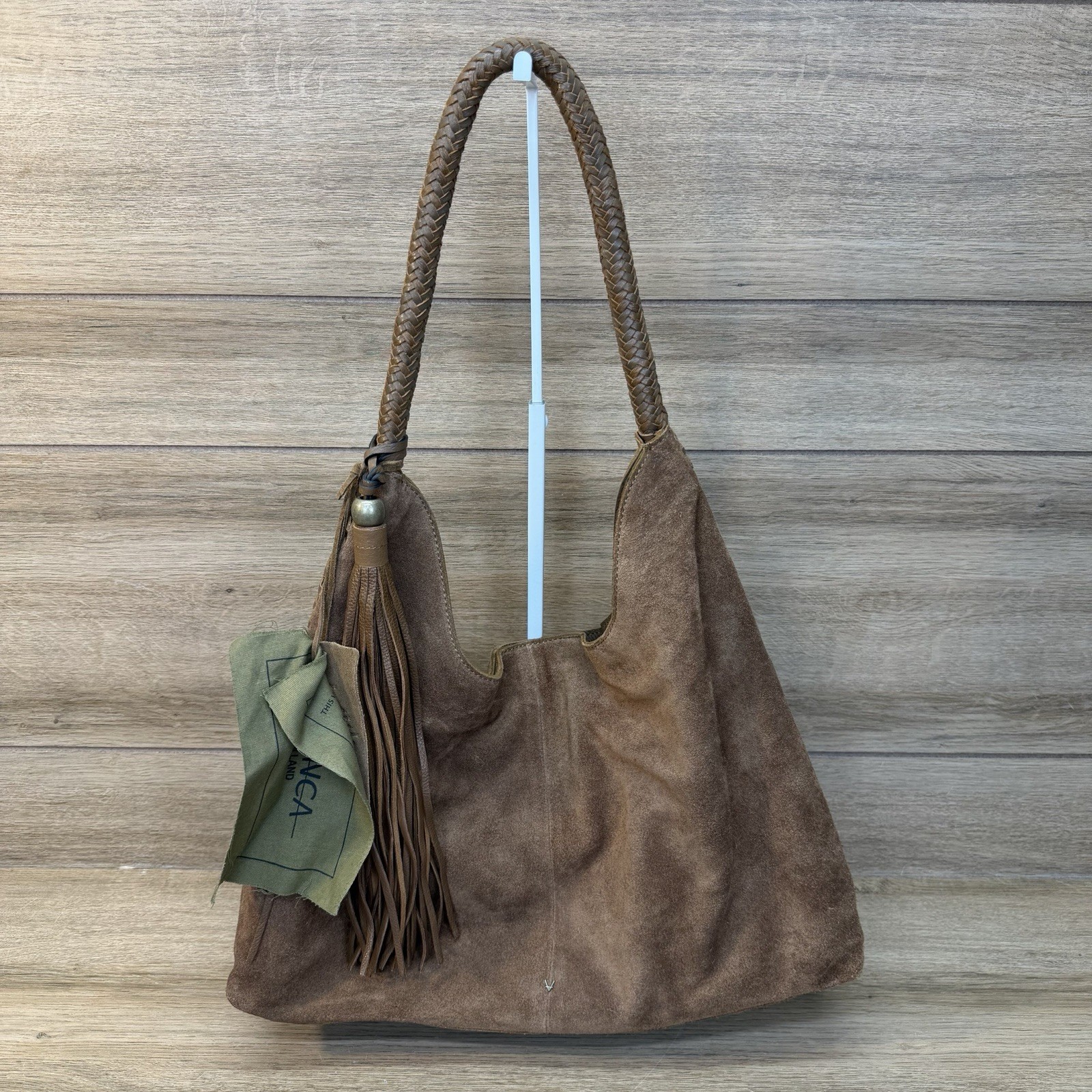 Vilenca Holland Suede Slouchy Hobo Shoulder Bag Brown Boho Whipstitch Tassel