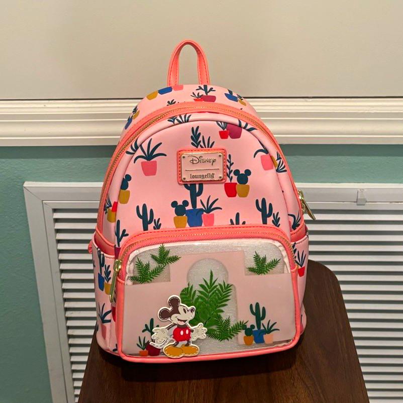 Loungefly Disney Mickey Mouse Cactus Print Mini Backpack Pink w/ Front Pocket Loungefly Disney Mickey Mouse Cactus Print Mini Backpack Pink w/ Front Pocket
