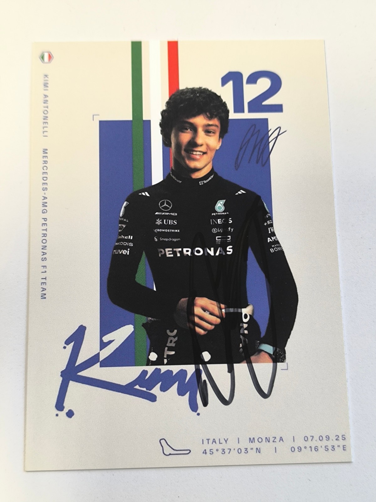 Andrea Kimi Antonelli SIGNED 2025 F1 Mercedes AMG Petronas Limited Card Monza GP Andrea Kimi Antonelli SIGNED 2025 F1 Mercedes AMG Petronas Limited Card Monza GP