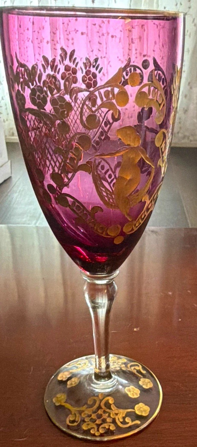 Antique Bohemian Amethyst Glass Goblet 7.75” Hand Painted Gold Gilt Bird Floral Antique Bohemian Amethyst Glass Goblet 7.75” Hand Painted Gold Gilt Bird Floral