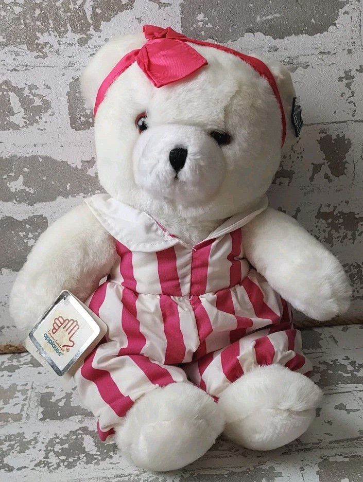 Vtg 1986 Applause Cyndi White Teddy Bear Plush White/Pink Jumpsuit NOS