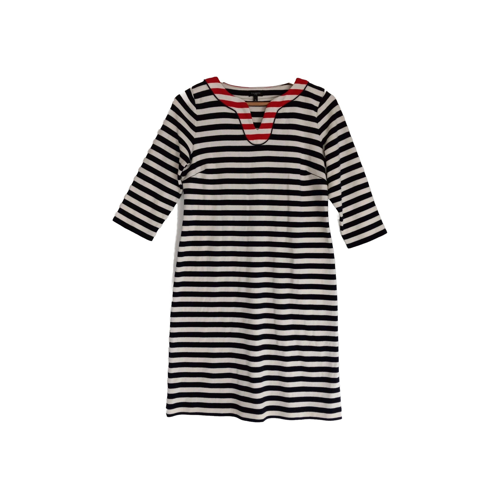 Talbots Shift Dress Women\'s Size Mp Blue Ivory Striped Short Pullover V-Neck