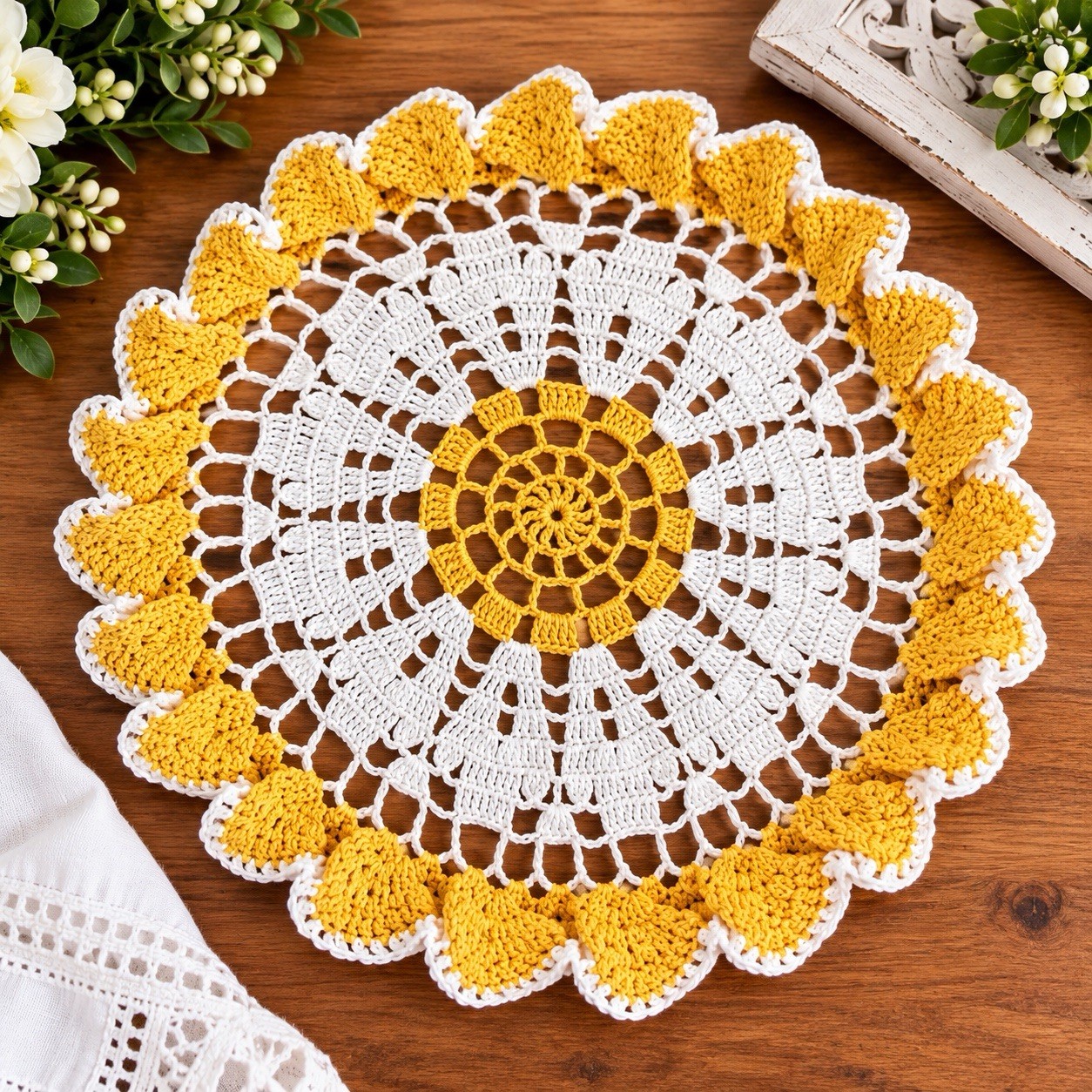 Handmade Crochet Doily 11” Gold & Ivory Ruffled Edge Vintage Style Table Decor