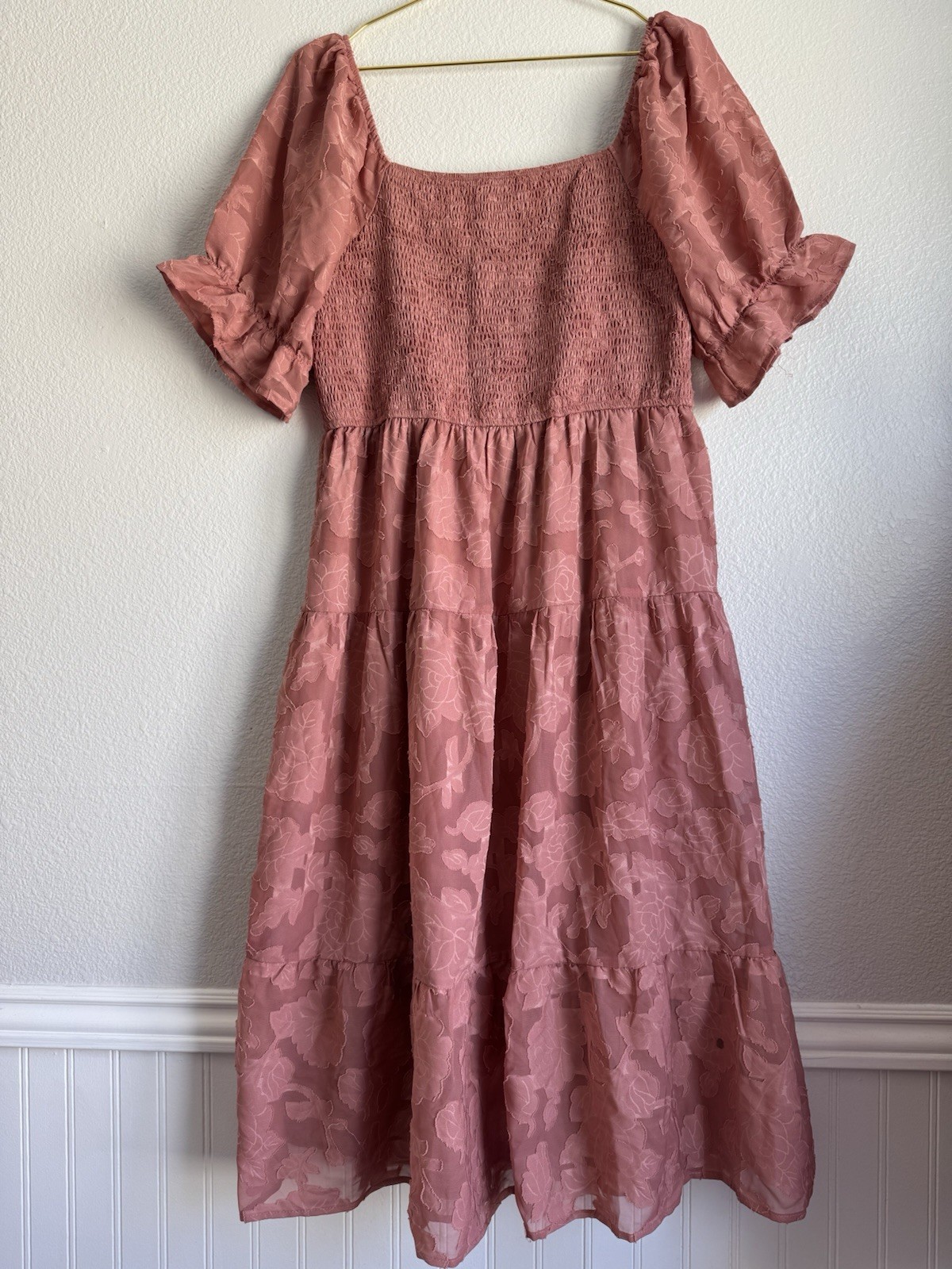 NWT Merokeety Puff Sleeve Boho Midi Dress Smocked Floral Textured Tiered XL